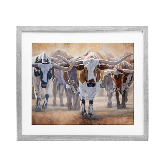 Stupell Industries Trotting Longhorn Cattle Gray Framed Print Under Glass, design by James Corwin
