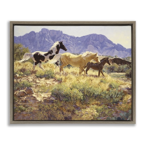 Stupell Industries Trotting Through Countryside Valley Landscape & Nature Painting Brown Floater Framed Canvas Art Print Wall Art, 21 x 17