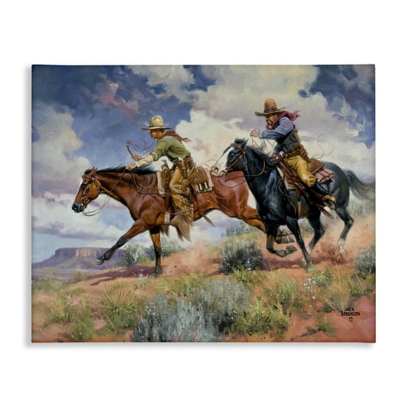 Stupell Industries Trouble's A Comin' Cowboys Animals Painting Wrapped Canvas Canvas Art Print Wall Art, 48 x 36