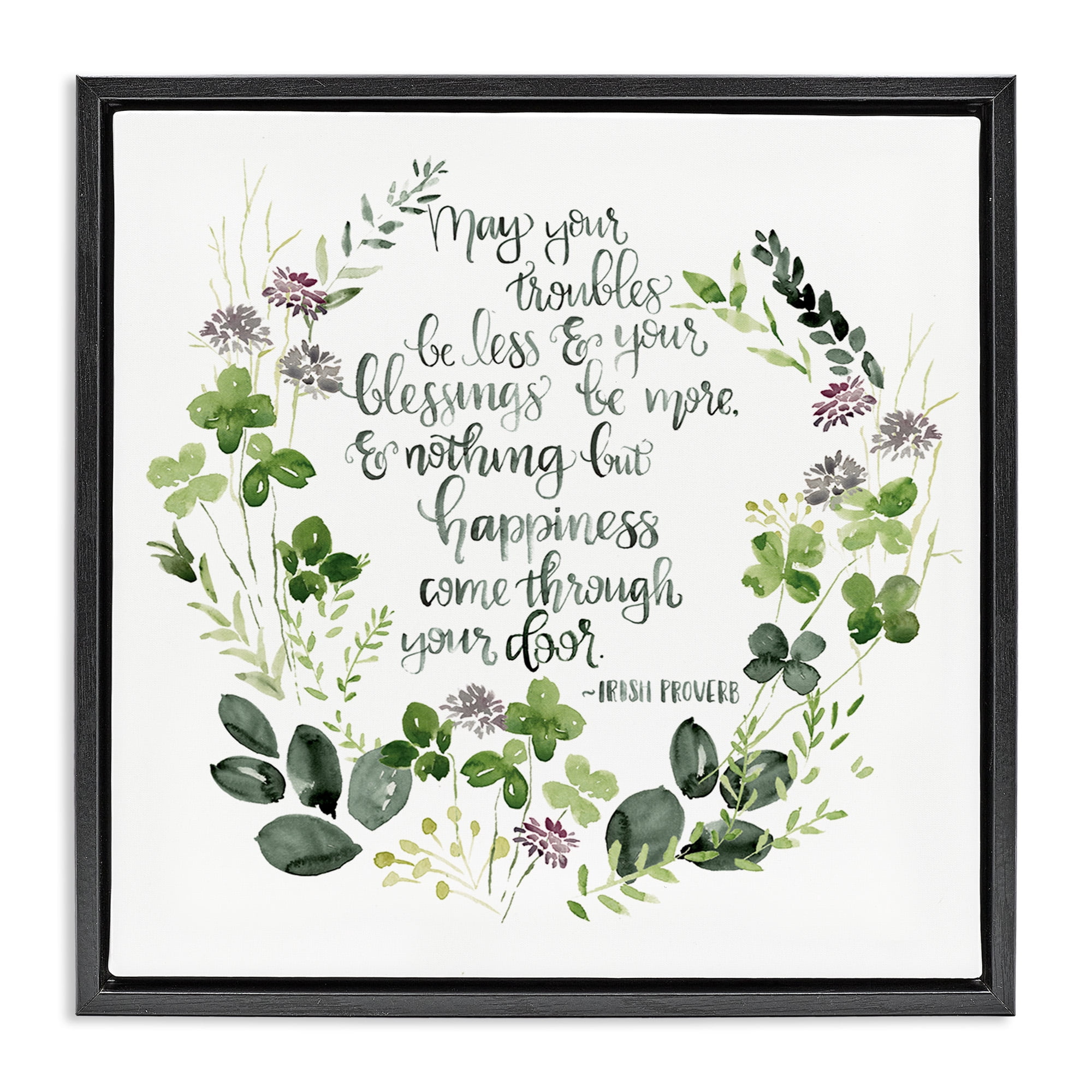 Stupell Industries Troubles Be Less Irish Proverbs Typography Painting Black Floater Framed Canvas Art Print Wall Art, 25 x 25