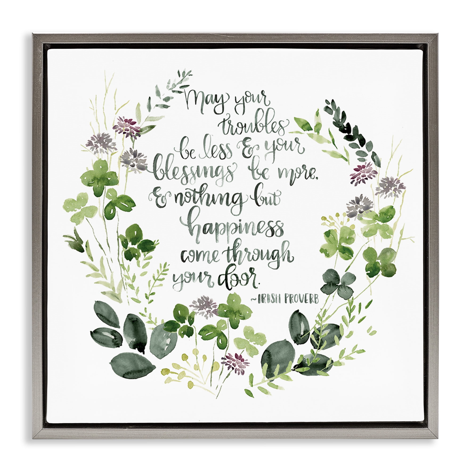Stupell Industries Troubles Be Less Irish Proverbs Typography Painting Gray Floater Framed Canvas Art Print Wall Art, 18 x 18