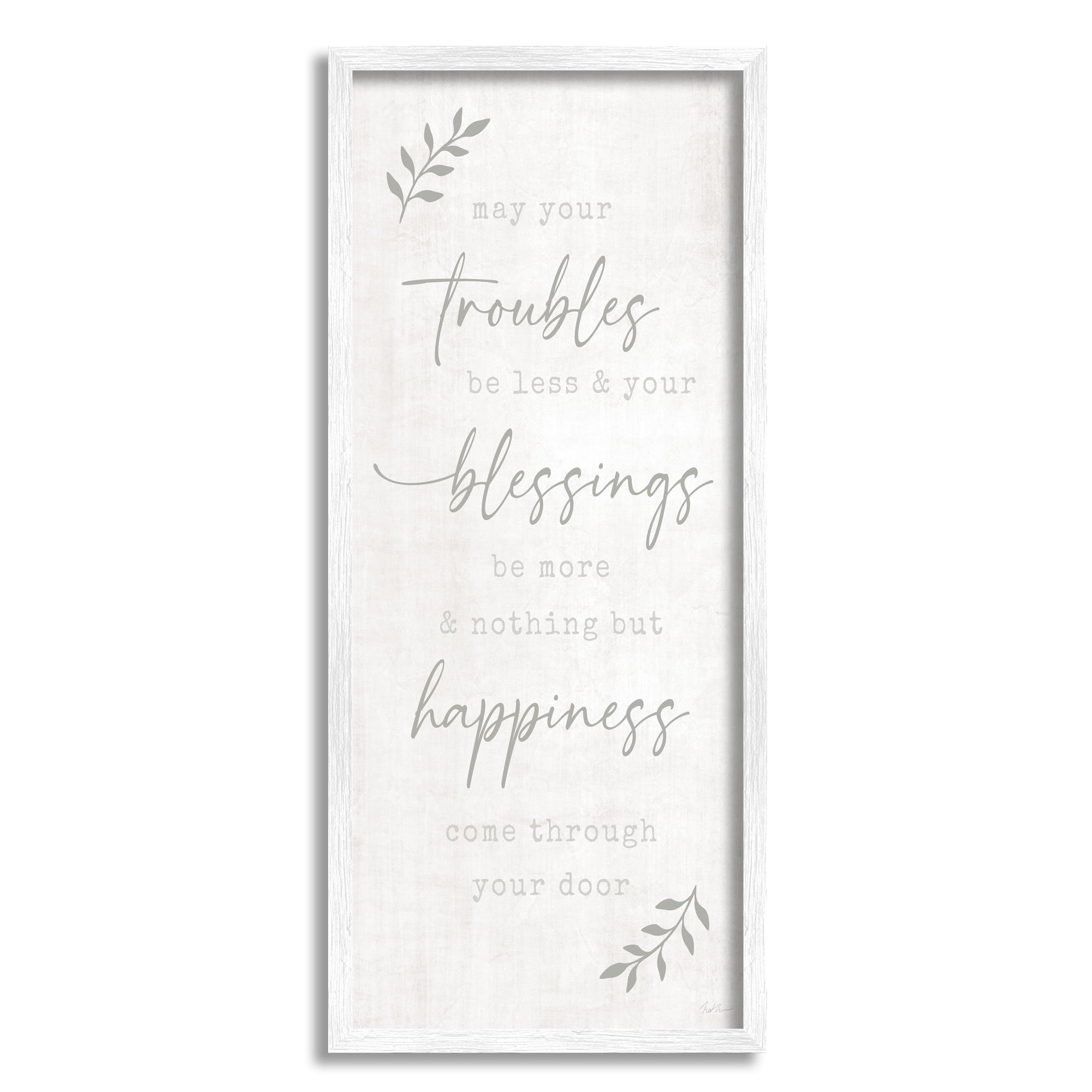 Stupell Industries Troubles Less Blessings More Motivational Phrase Plant Leaves, 10 x 24, Design by Natalie Carpentieri