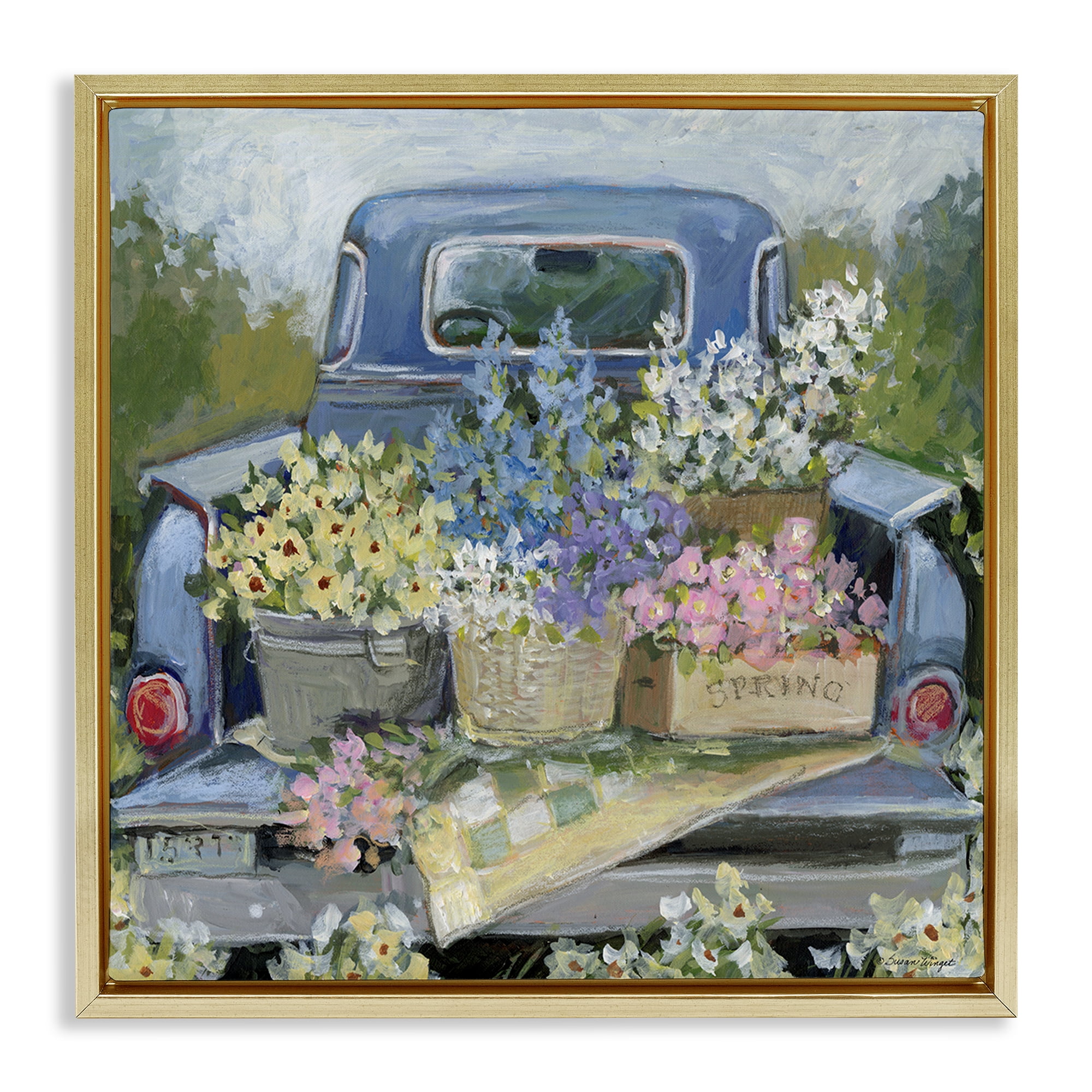 Stupell Industries Truck Bed with Flowers Gold Framed Floater Canvas Wall Art, design by Susan Winget