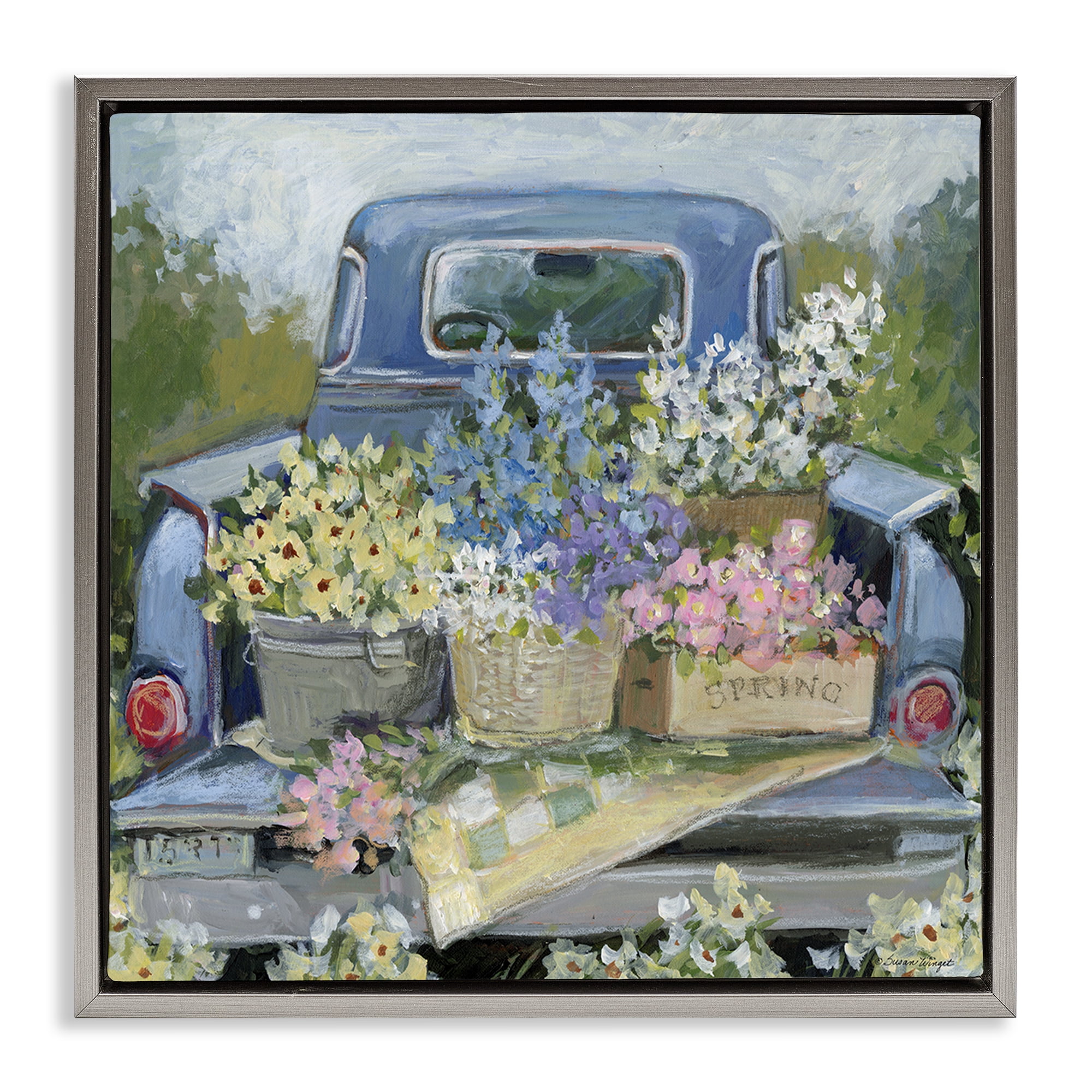 Stupell Industries Truck Bed with Flowers Gray Framed Floater Canvas Wall Art, design by Susan Winget