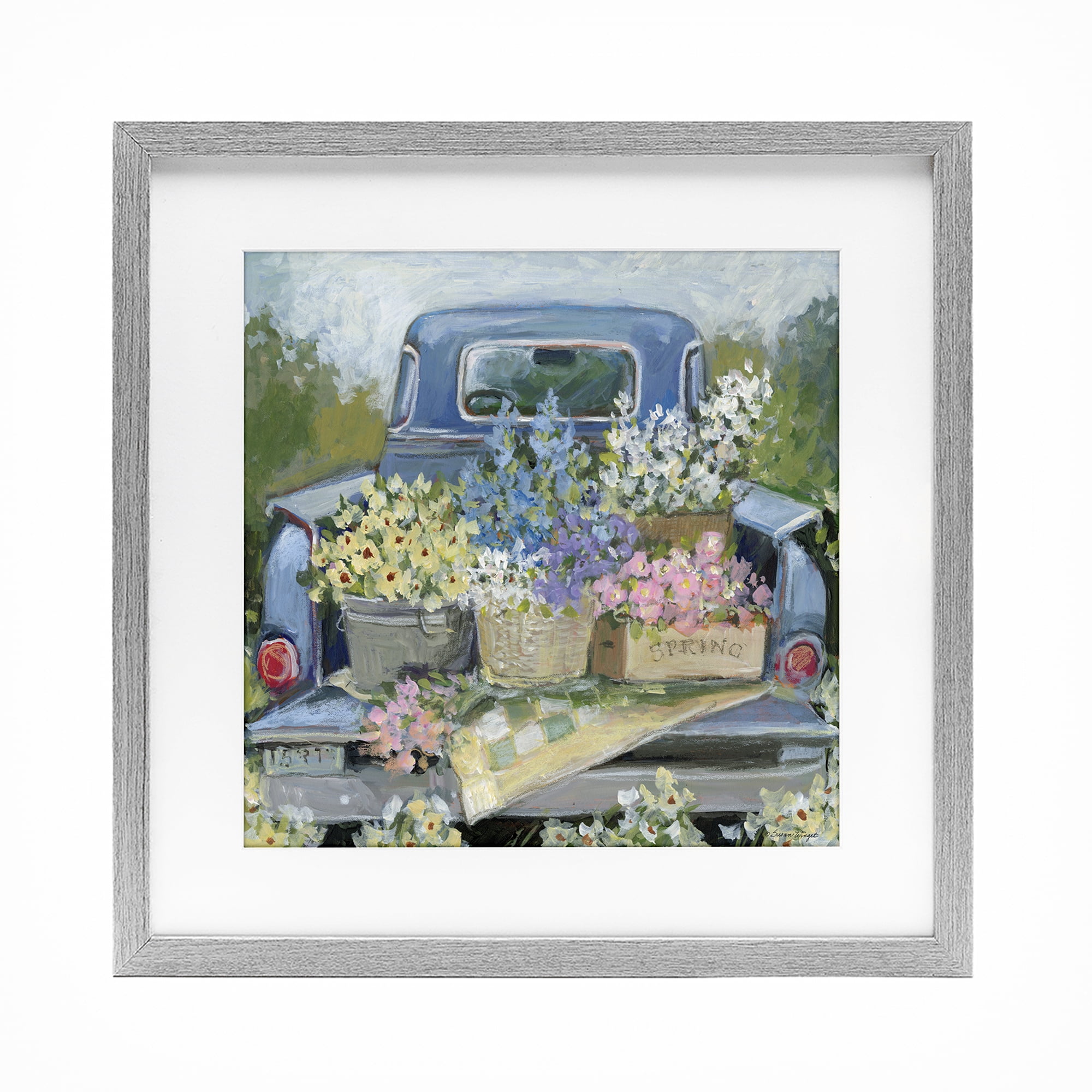 Stupell Industries Truck Bed with Flowers Gray Framed Print Under Glass, design by Susan Winget