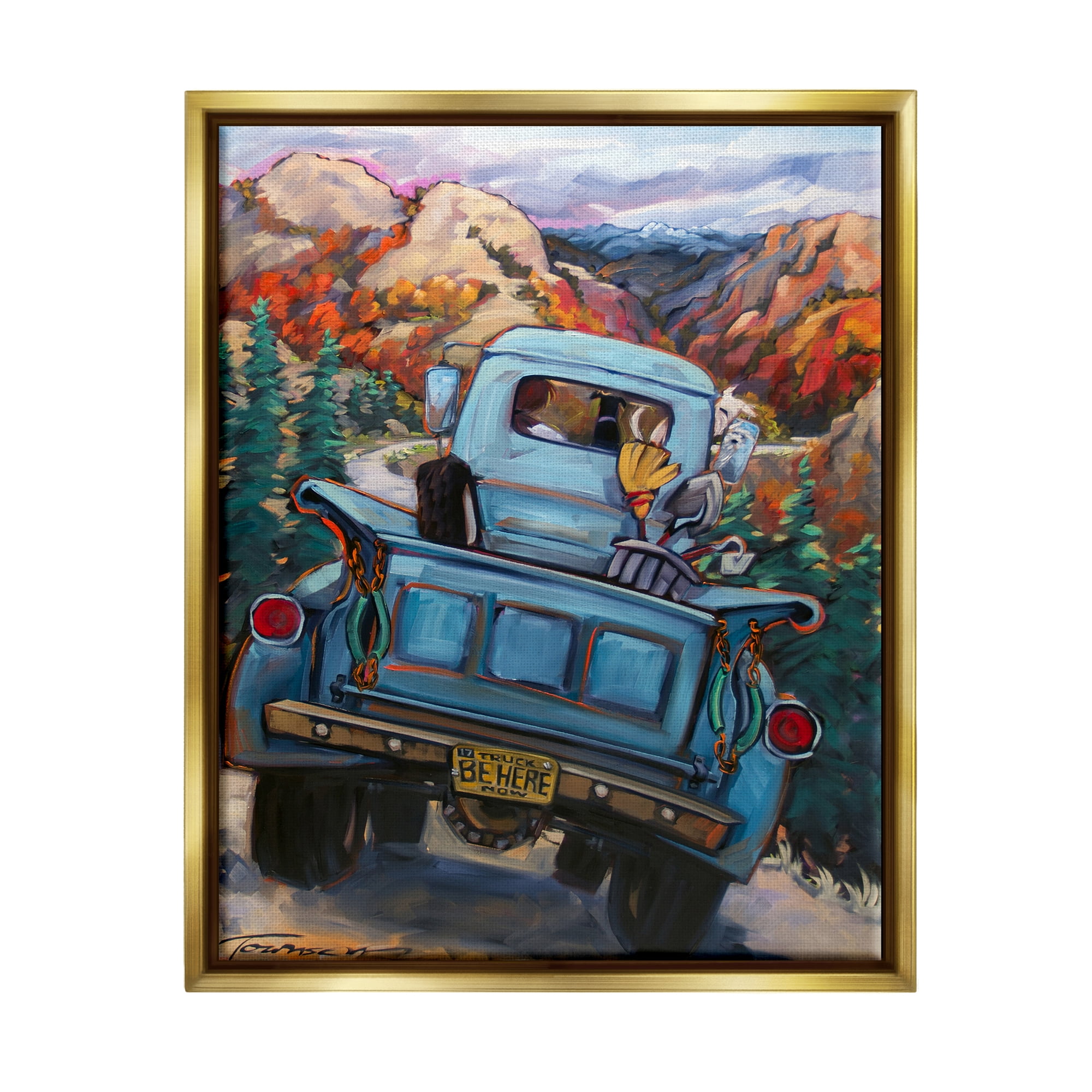 Stupell Industries Truck in Mountain Valley Transportation Painting Gold Floater Framed Art Print Wall Art, 25 x 31