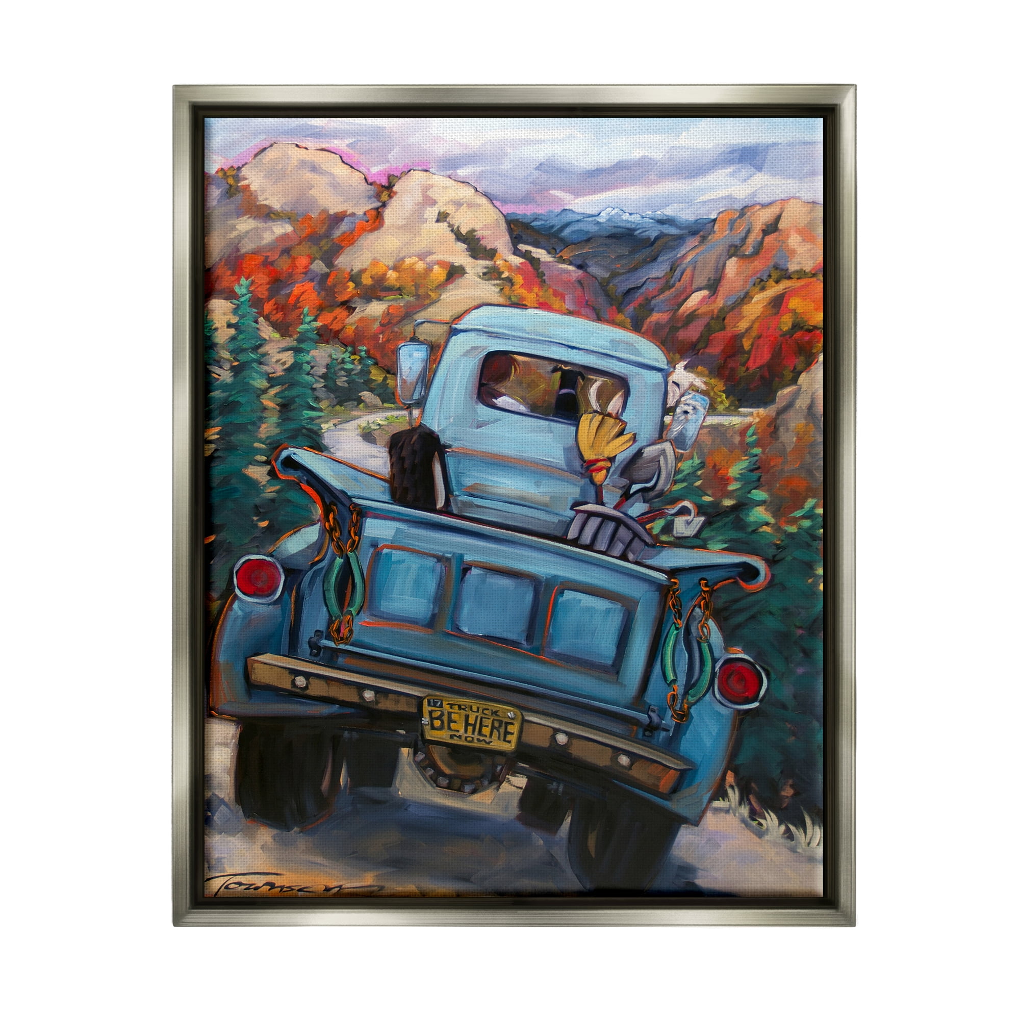 Stupell Industries Truck in Mountain Valley Transportation Painting Gray Floater Framed Art Print Wall Art, 17 x 21