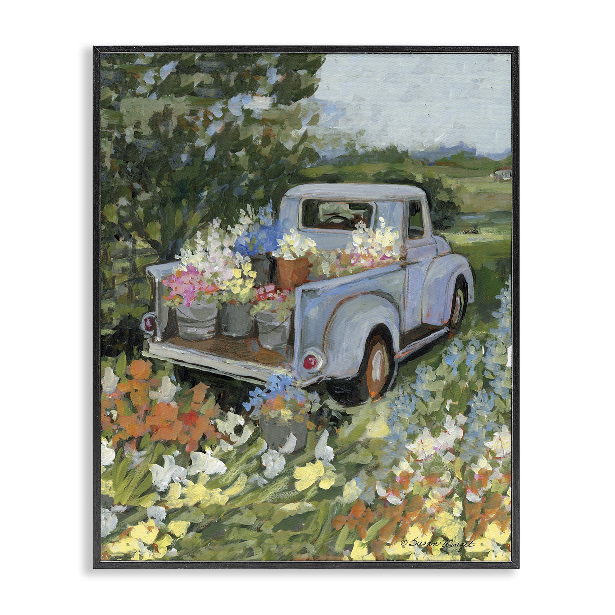 Stupell Industries Truckin' Field with Flowers Black Framed Giclee Art, design by Susan Winget