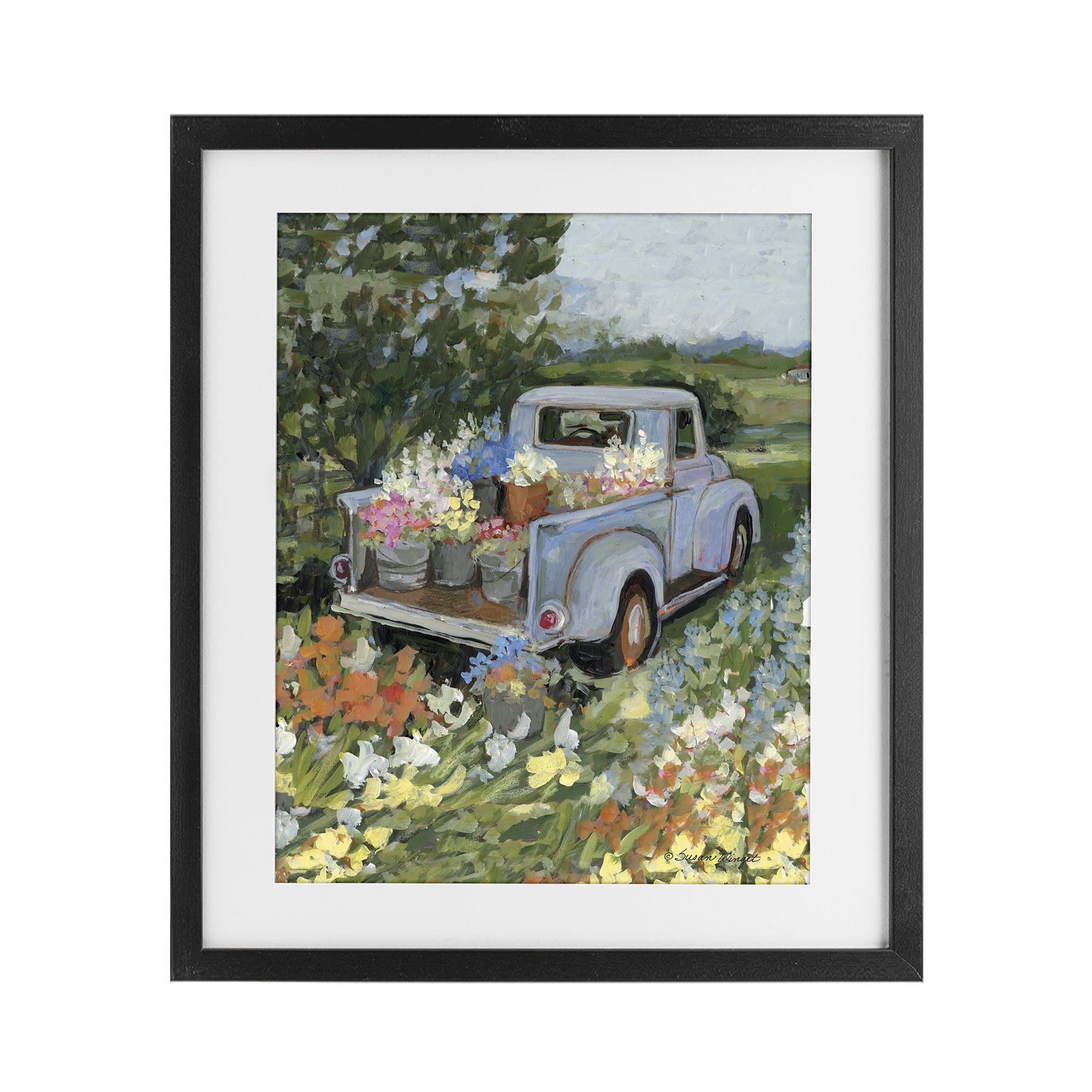Stupell Industries Truckin' Field with Flowers Black Framed Print Under Glass, design by Susan Winget