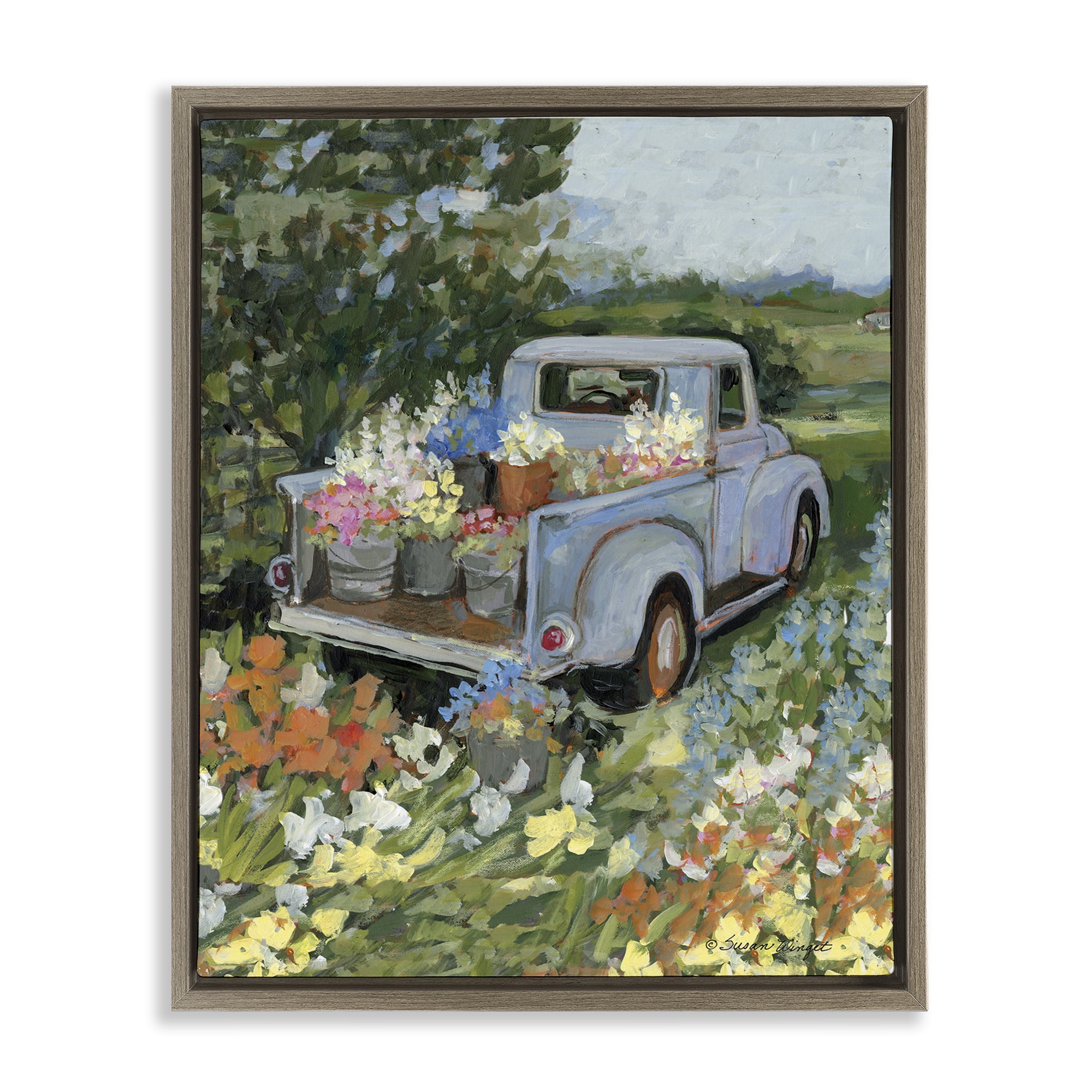 Stupell Industries Truckin' Field with Flowers Brown Framed Floater Canvas Wall Art, design by Susan Winget