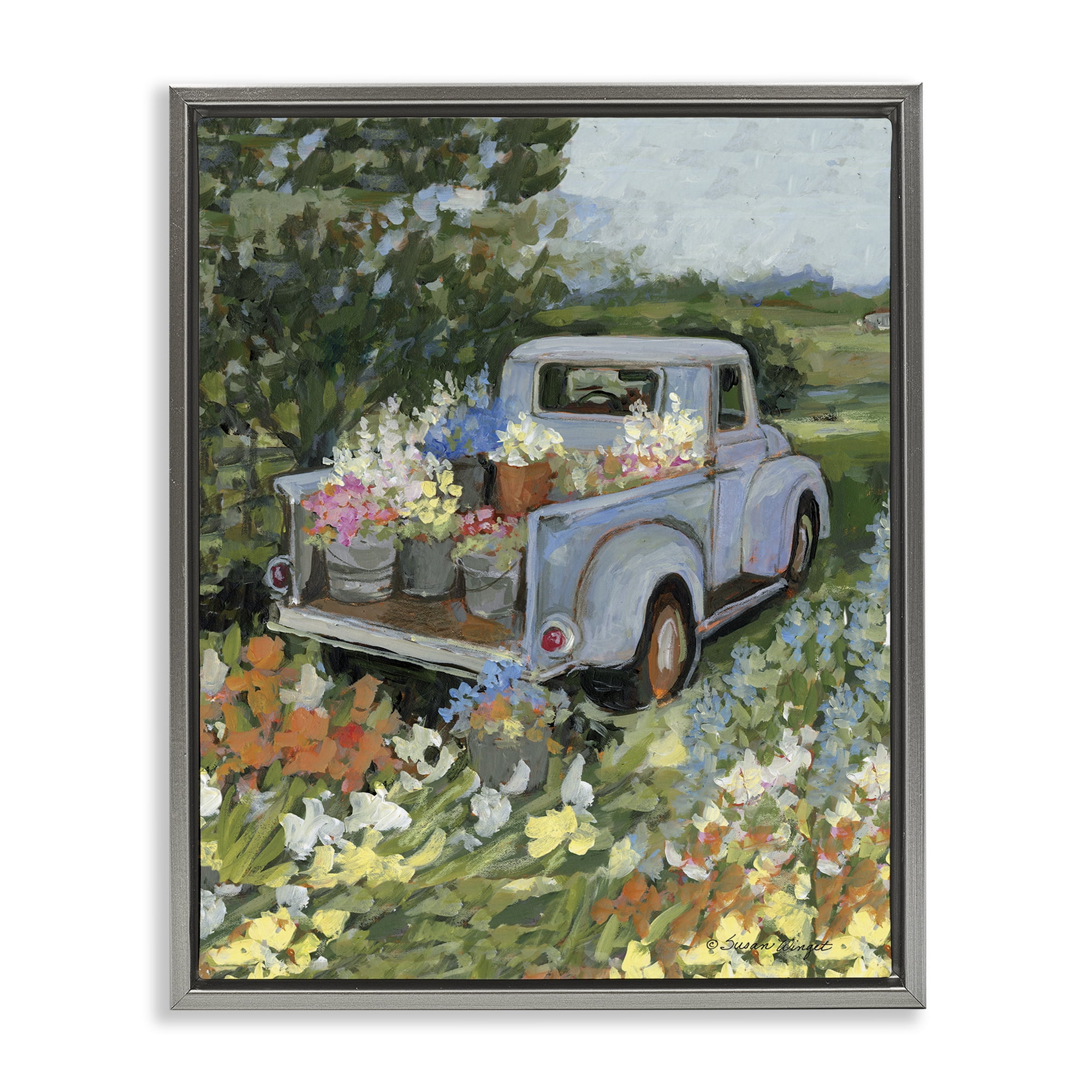 Stupell Industries Truckin' Field with Flowers Gray Framed Floater Canvas Wall Art, design by Susan Winget