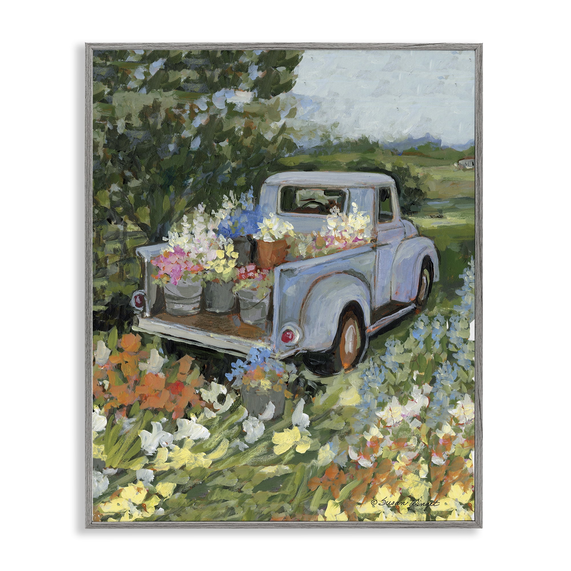 Stupell Industries Truckin' Field with Flowers Gray Framed Giclee Art, design by Susan Winget