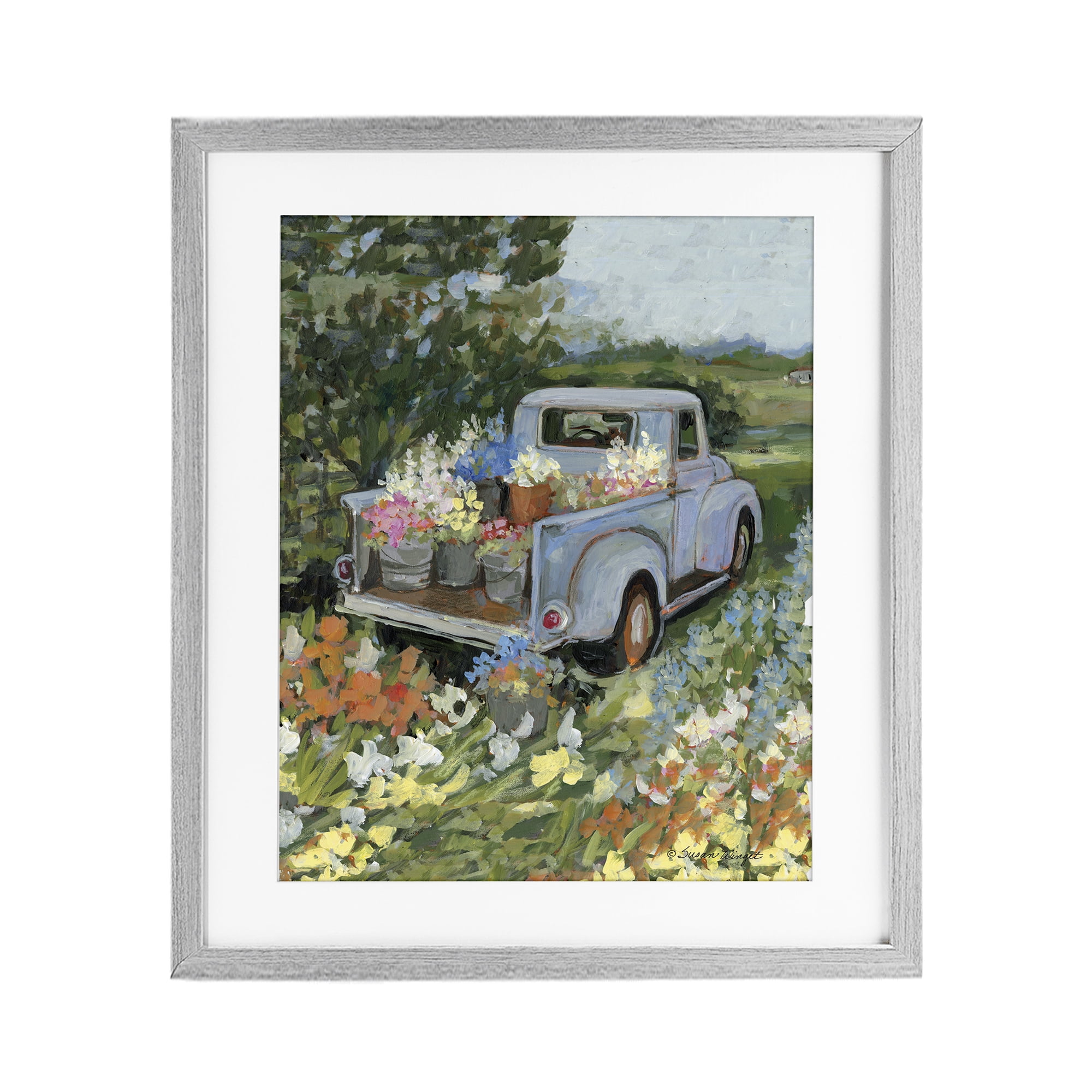 Stupell Industries Truckin' Field with Flowers Gray Framed Print Under Glass, design by Susan Winget