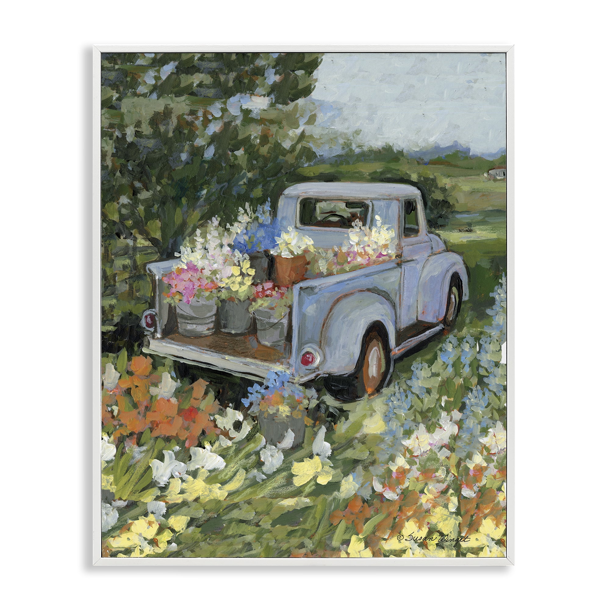 Stupell Industries Truckin' Field with Flowers White Framed Giclee Art, design by Susan Winget