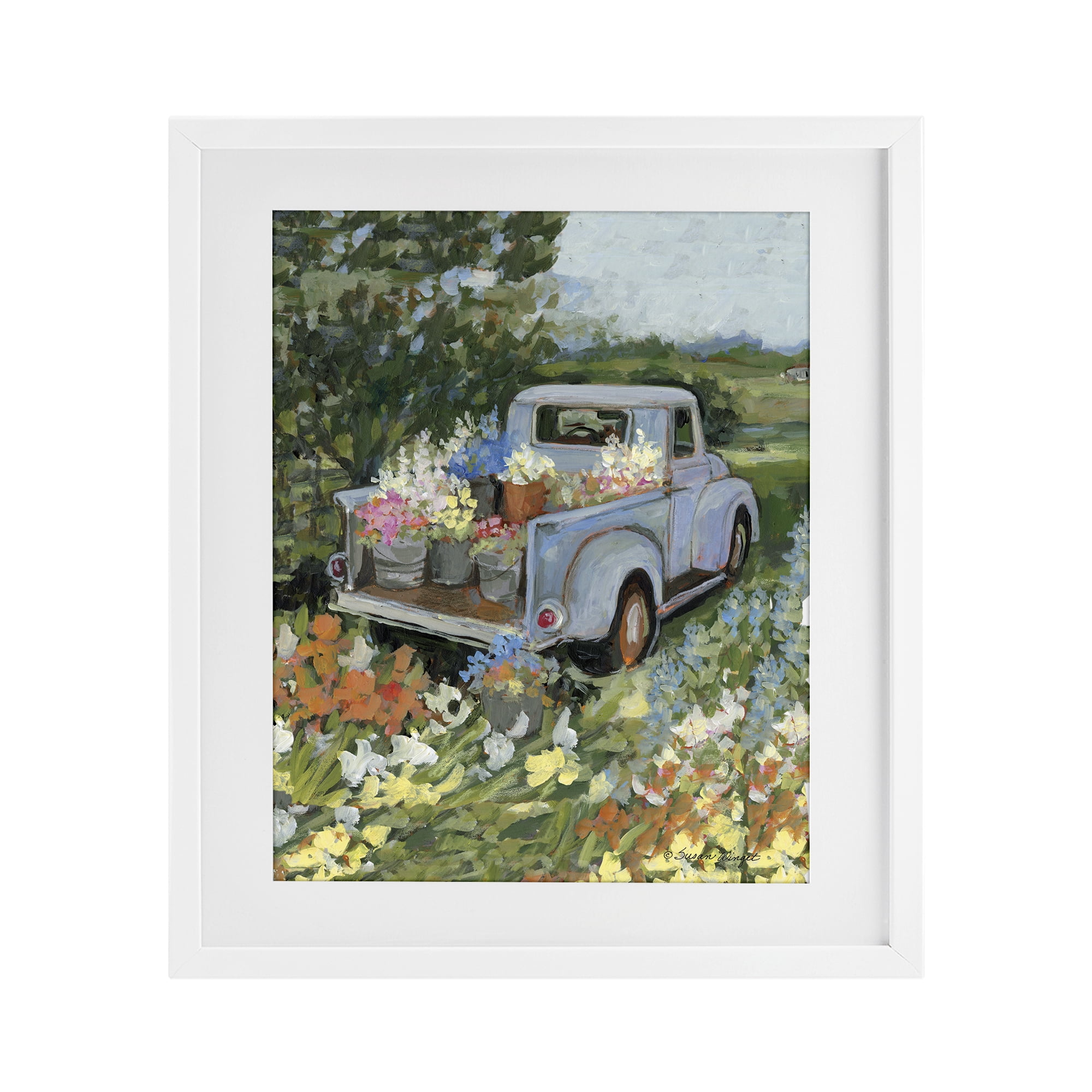 Stupell Industries Truckin' Field with Flowers White Framed Print Under Glass, design by Susan Winget
