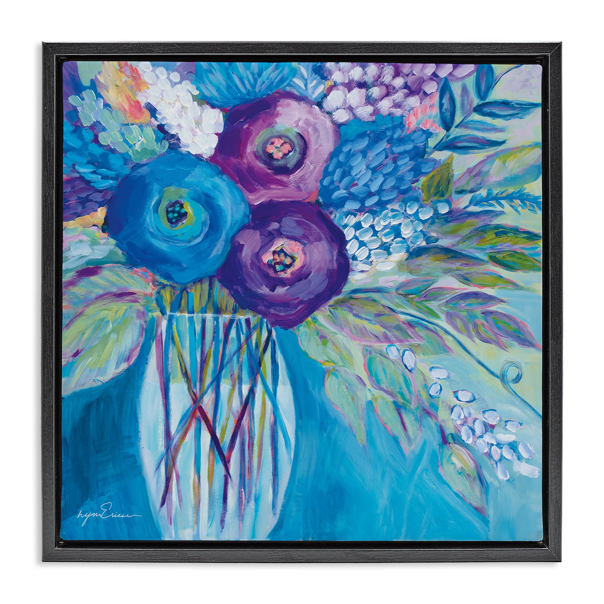 Stupell Industries True Blue Flower Bouquet Black Framed Floater Canvas Wall Art, design by Lynn Ericson Fine Art