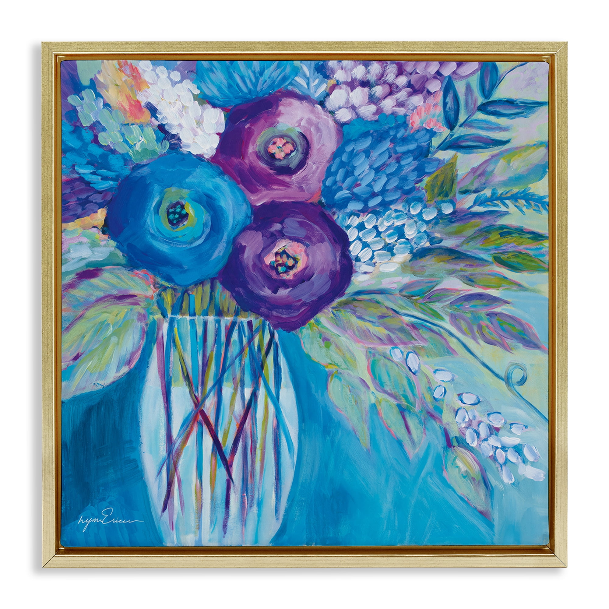 Stupell Industries True Blue Flower Bouquet Gold Framed Floater Canvas Wall Art, design by Lynn Ericson Fine Art