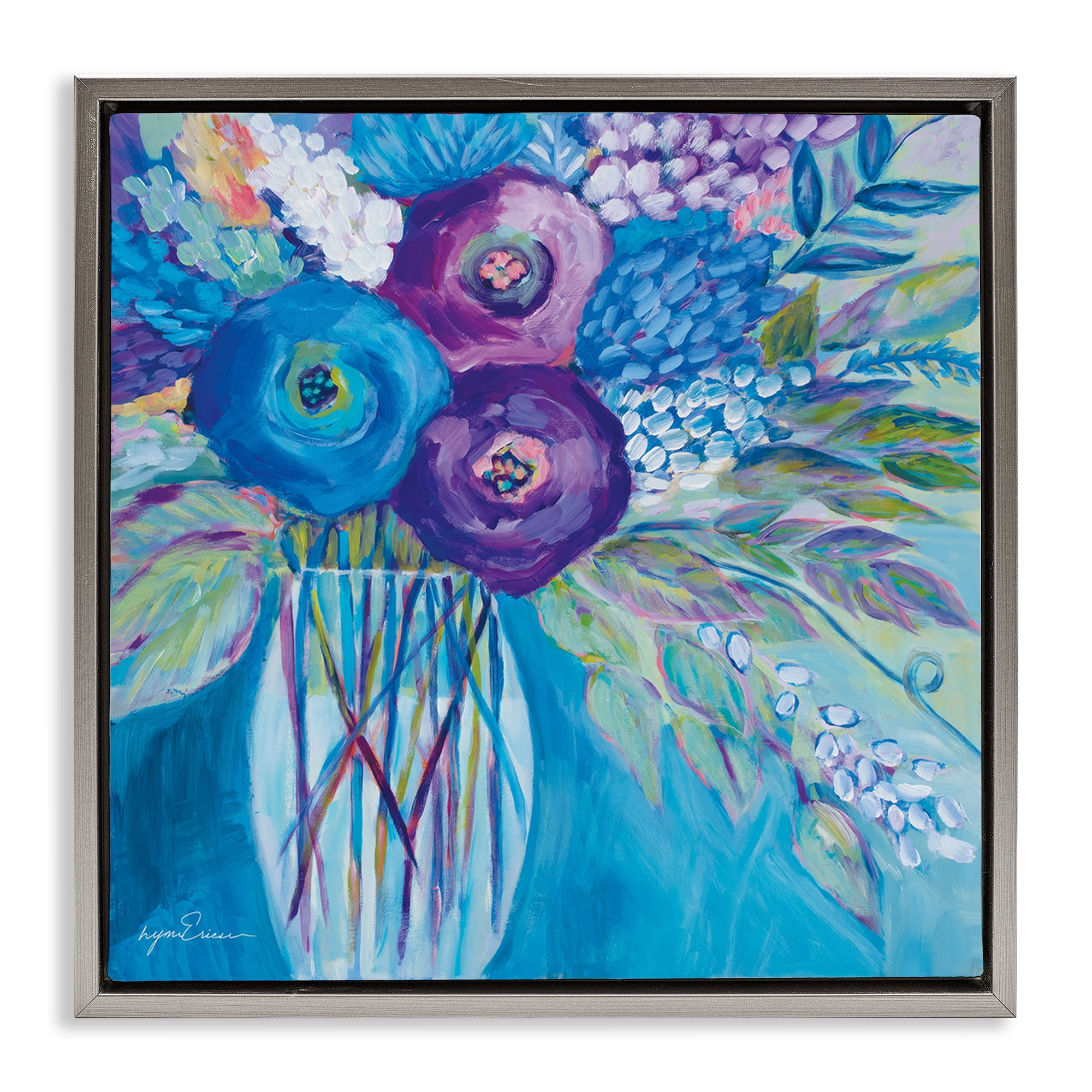 Stupell Industries True Blue Flower Bouquet Gray Framed Floater Canvas Wall Art, design by Lynn Ericson Fine Art