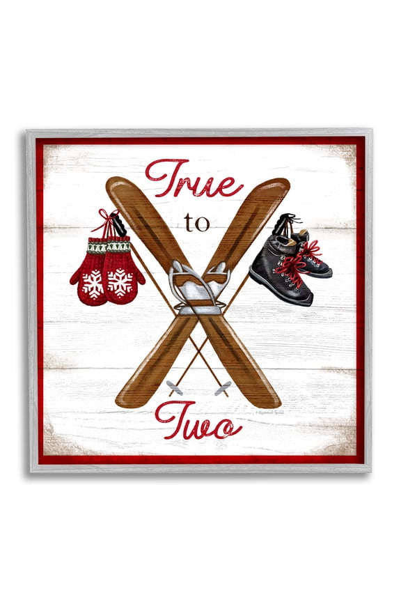 Industries True to Two Ski Motivational Phrase Red Mittens, 12 x 12, Design by Elizabeth Tyndall
