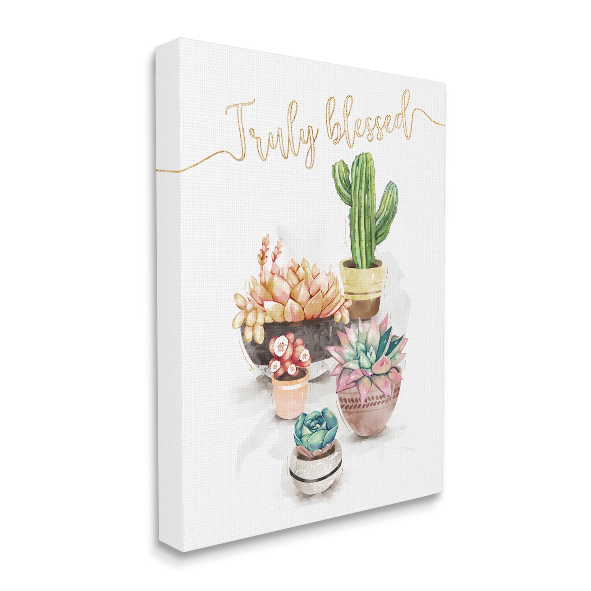 Stupell Industries Truly Blessed Expression Chic Succulent Cactus Plants Botanical & Floral Painting Gallery Wrapped Canvas Art Print Wall Art, 16 x 20