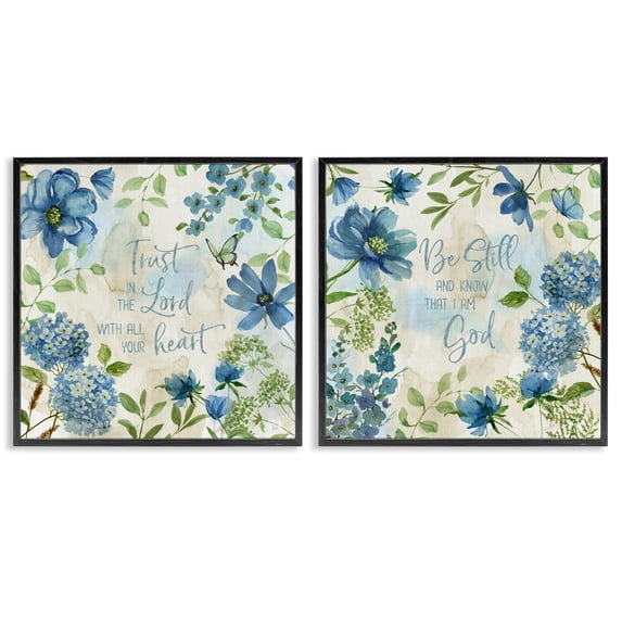 Stupell Industries Trust Be Still Blue Hydrangea Religious & Spiritual Painting Black Framed Art Print Wall Art, 17 x 17, Set of 2