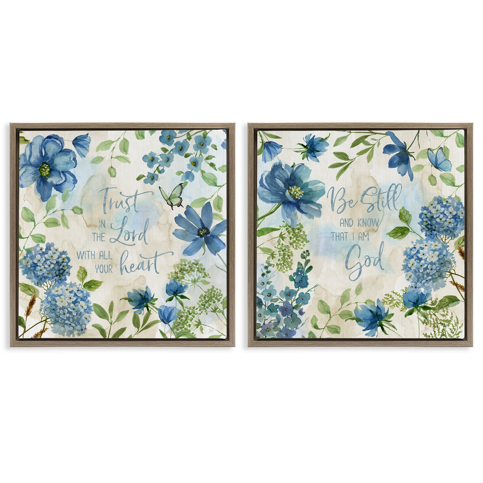 Stupell Industries Trust Be Still Blue Hydrangea Religious & Spiritual Painting Brown Floater Framed Canvas Art Print Wall Art, 25 x 25, Set of 2