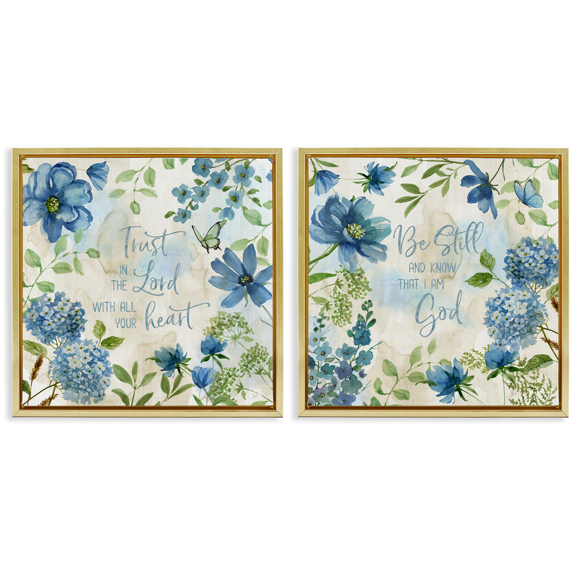 Stupell Industries Trust Be Still Blue Hydrangea Religious & Spiritual Painting Gold Floater Framed Canvas Art Print Wall Art, 18 x 18, Set of 2