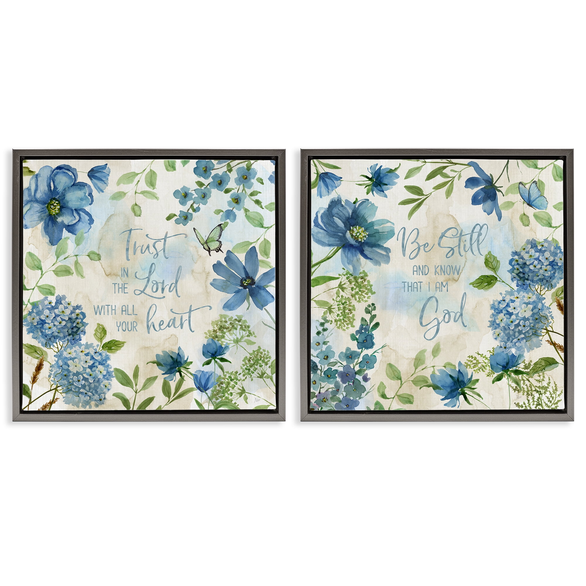 Stupell Industries Trust Be Still Blue Hydrangea Religious & Spiritual Painting Gray Floater Framed Canvas Art Print Wall Art, 18 x 18, Set of 2