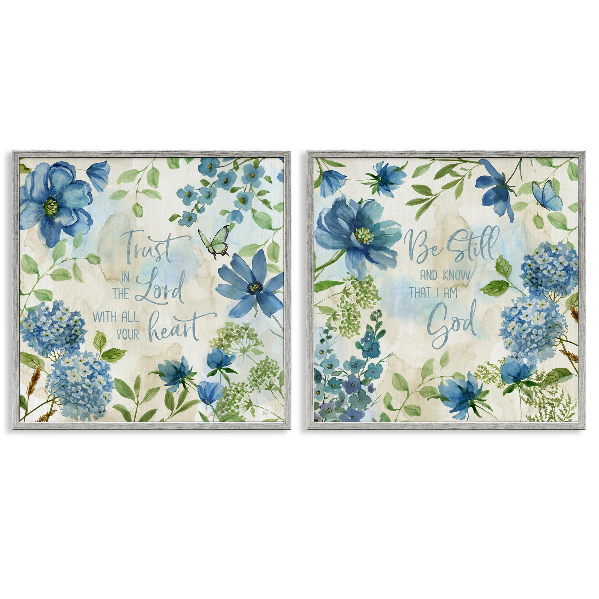 Stupell Industries Trust Be Still Blue Hydrangea Religious & Spiritual Painting Gray Framed Art Print Wall Art, 12 x 12, Set of 2
