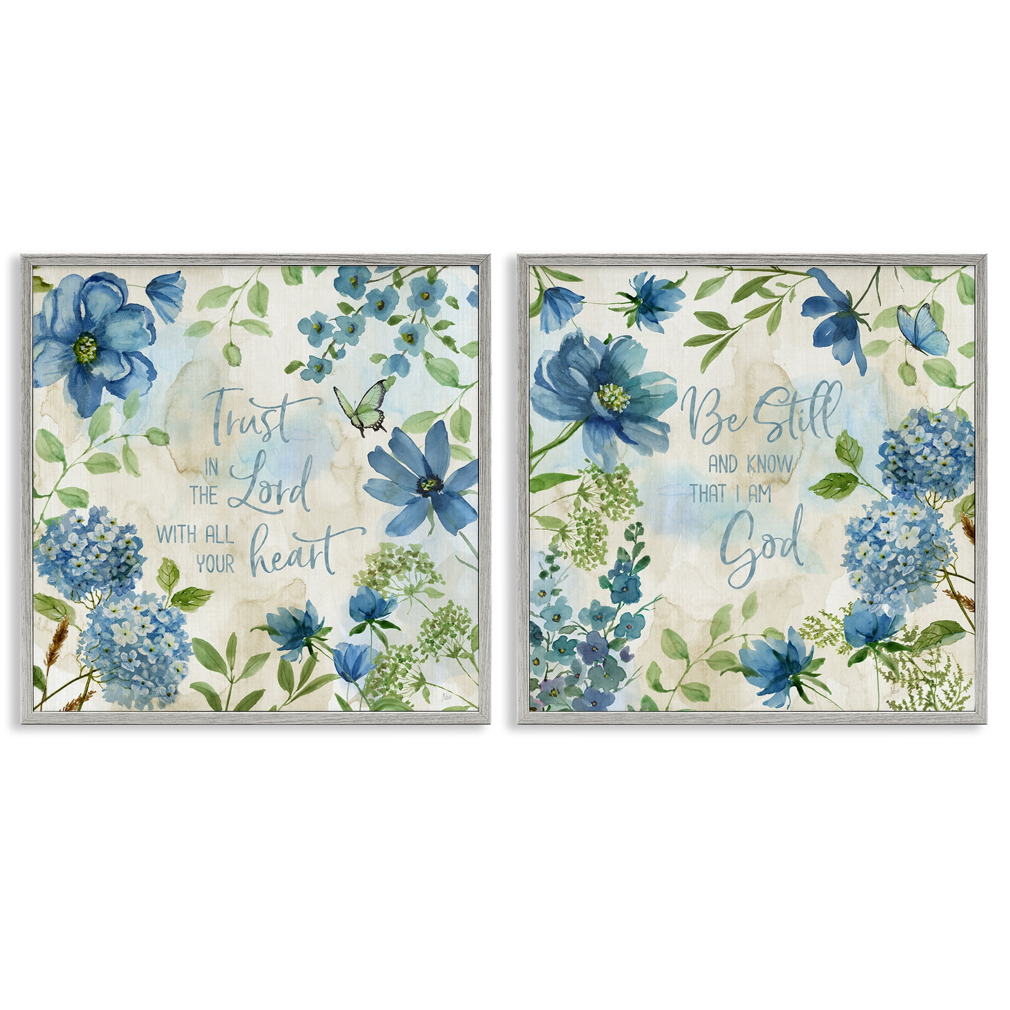 Stupell Industries Trust Be Still Blue Hydrangea Religious & Spiritual Painting Gray Framed Art Print Wall Art, 24 x 24, Set of 2