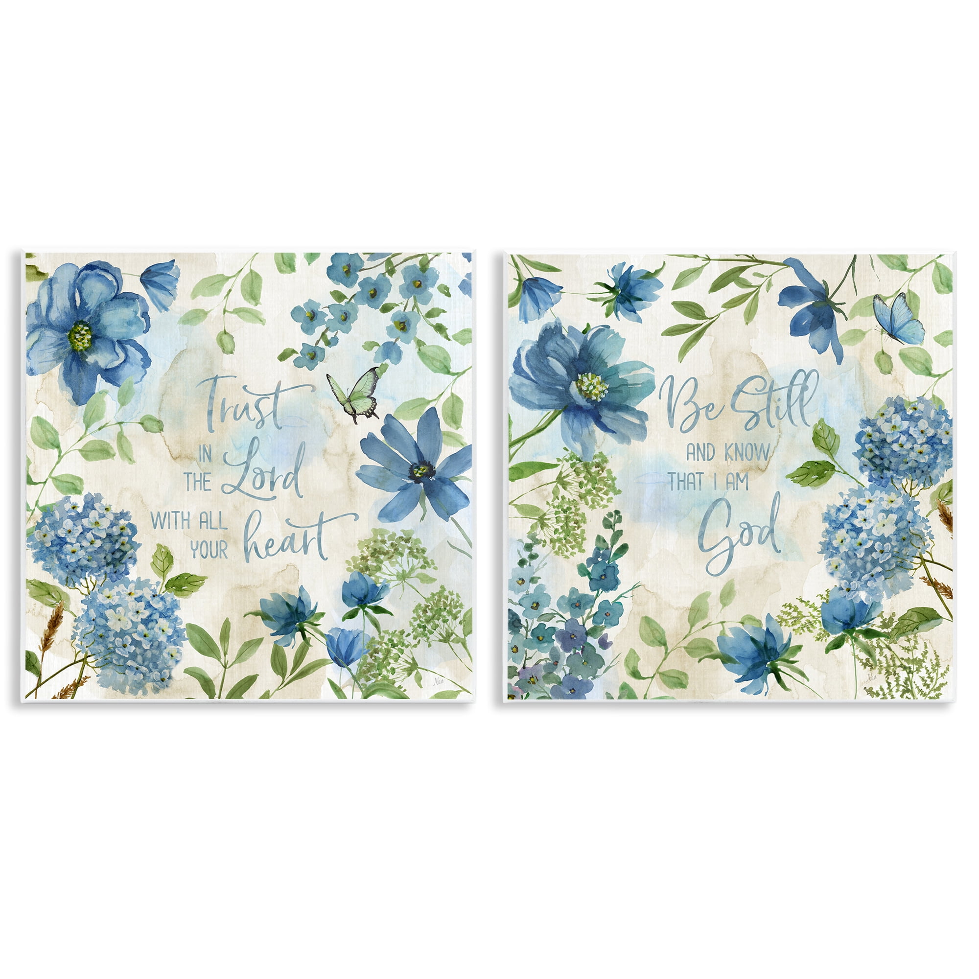 Stupell Industries Trust Be Still Blue Hydrangea Religious & Spiritual Painting Unframed Art Print Wall Art, 12 x 12, Set of 2