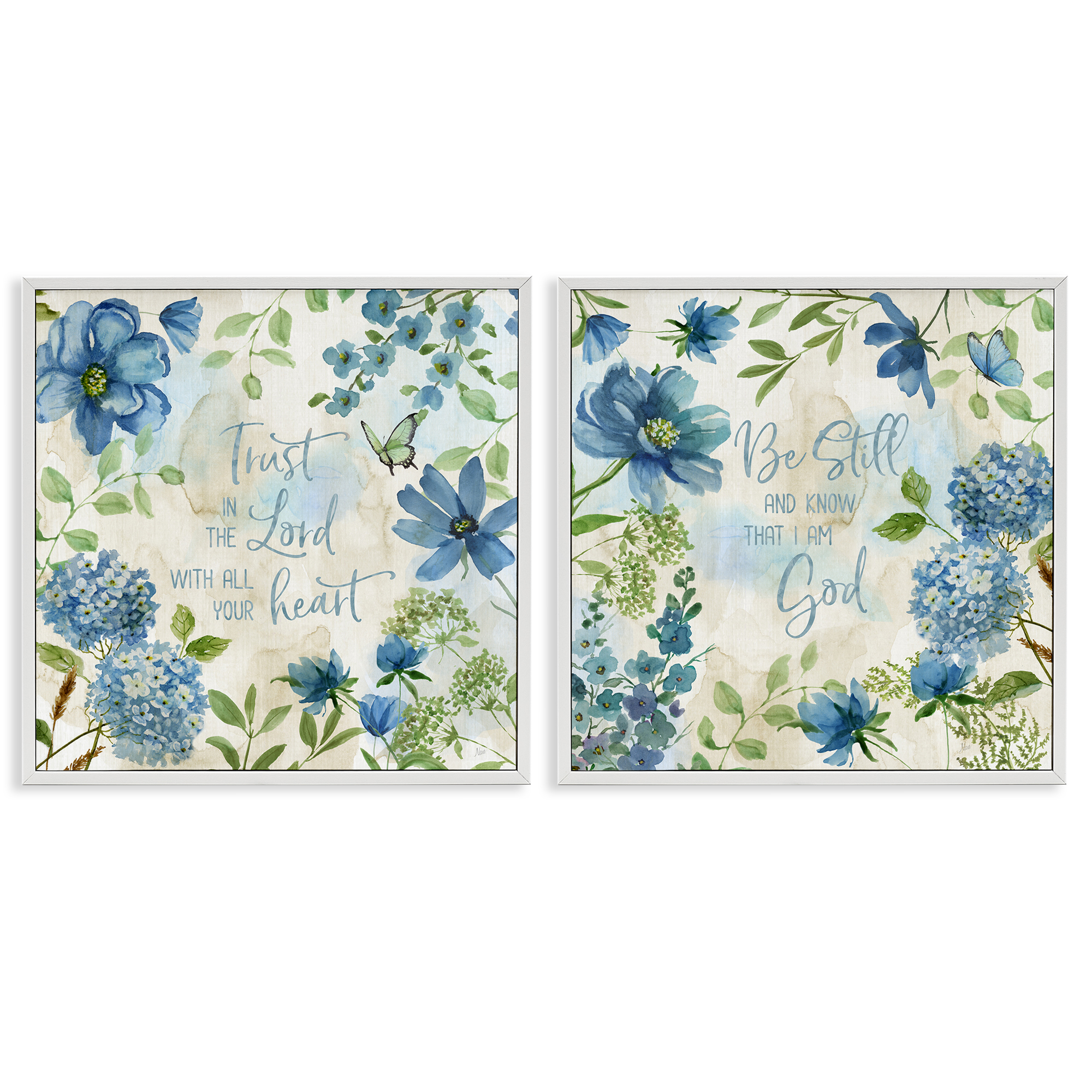 Stupell Industries Trust Be Still Blue Hydrangea Religious & Spiritual Painting White Framed Art Print Wall Art, 24 x 24, Set of 2