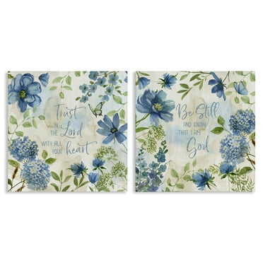 Stupell Industries Trust Be Still Blue Hydrangea Religious & Spiritual Painting Wrapped Canvas Art Print Wall Art, 17 x 17, Set of 2
