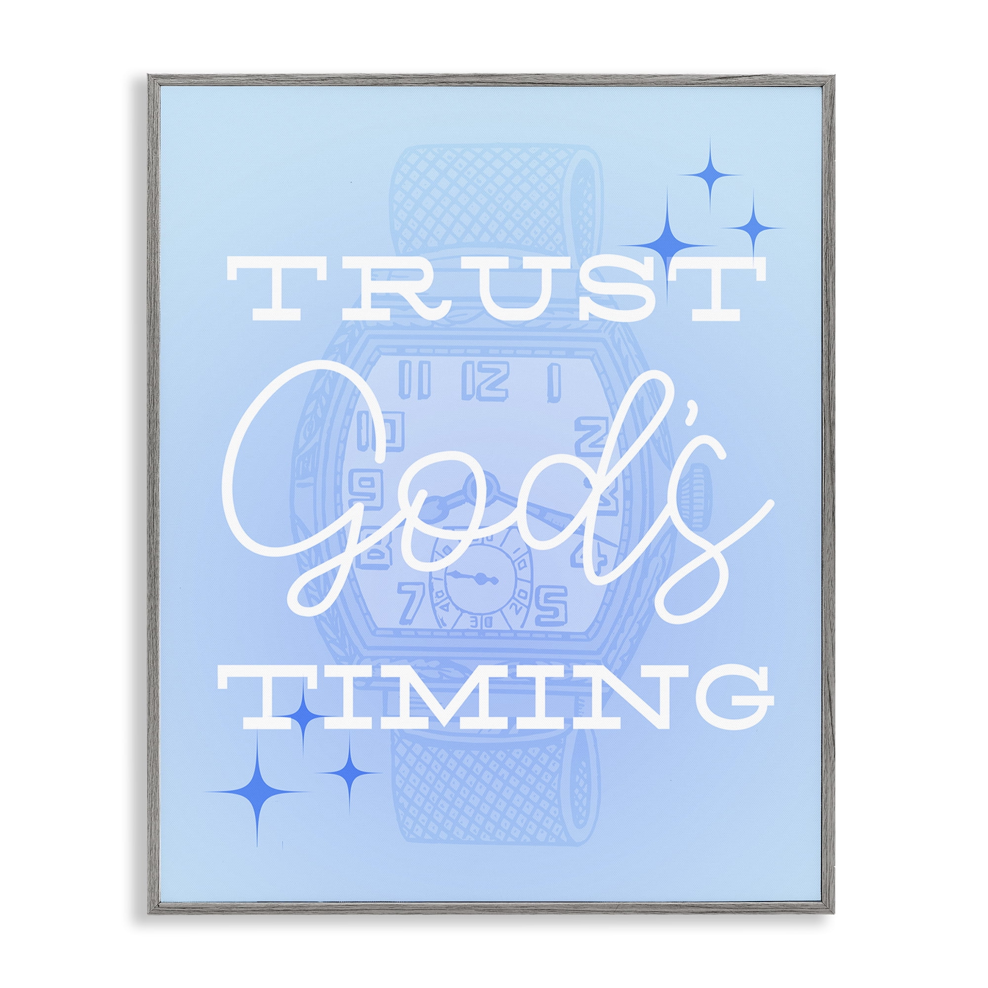 Stupell Industries Trust Gods Timing Blue Religious & Spiritual Painting Gray Framed Art Print Wall Art, 24 x 30