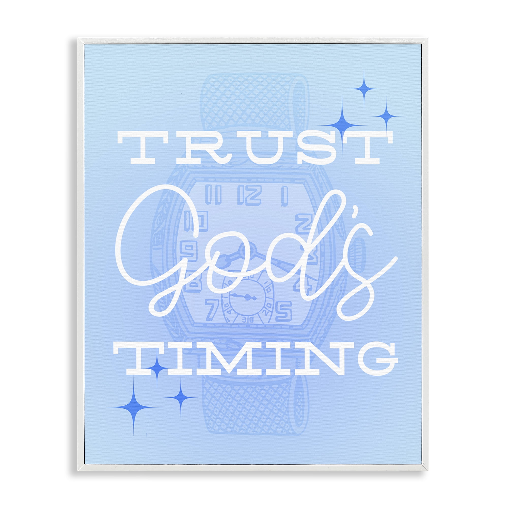 Stupell Industries Trust Gods Timing Blue Religious & Spiritual Painting White Framed Art Print Wall Art, 24 x 30
