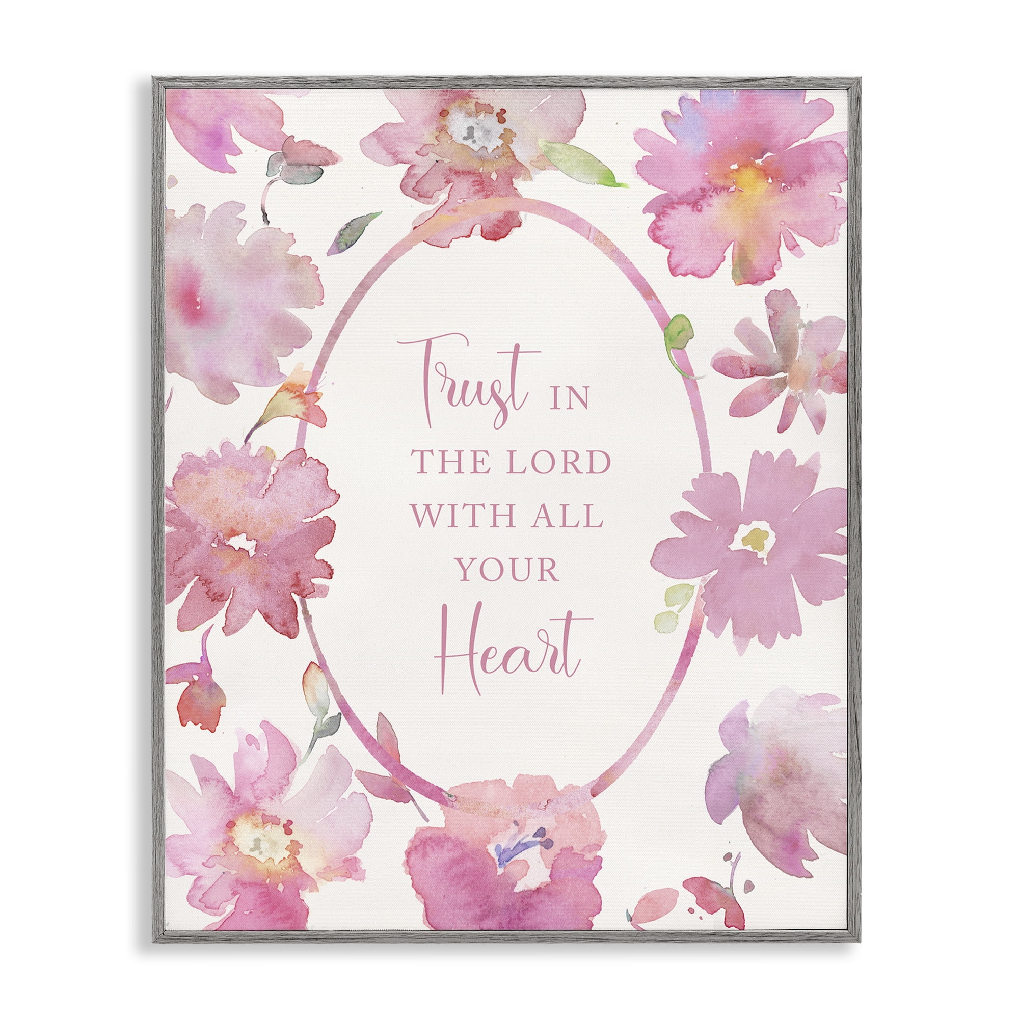 Stupell Industries Trust In The Lord Pink Blooms Gray Framed Giclee Art, design by Theresa Heidel