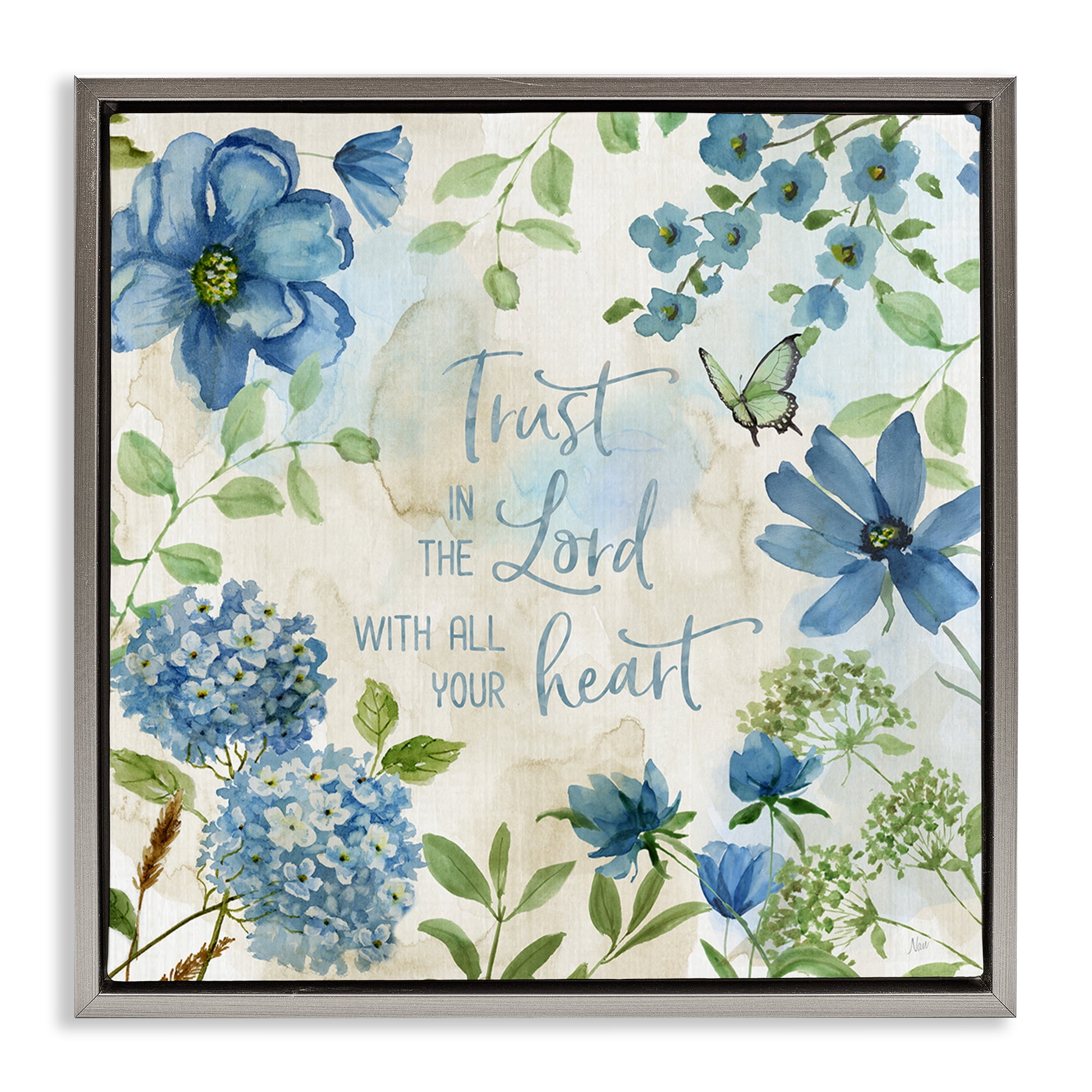 Stupell Industries Trust The Lord Floral Religious Painting Gray Floater Framed Canvas Art Print Wall Art, 18 x 18