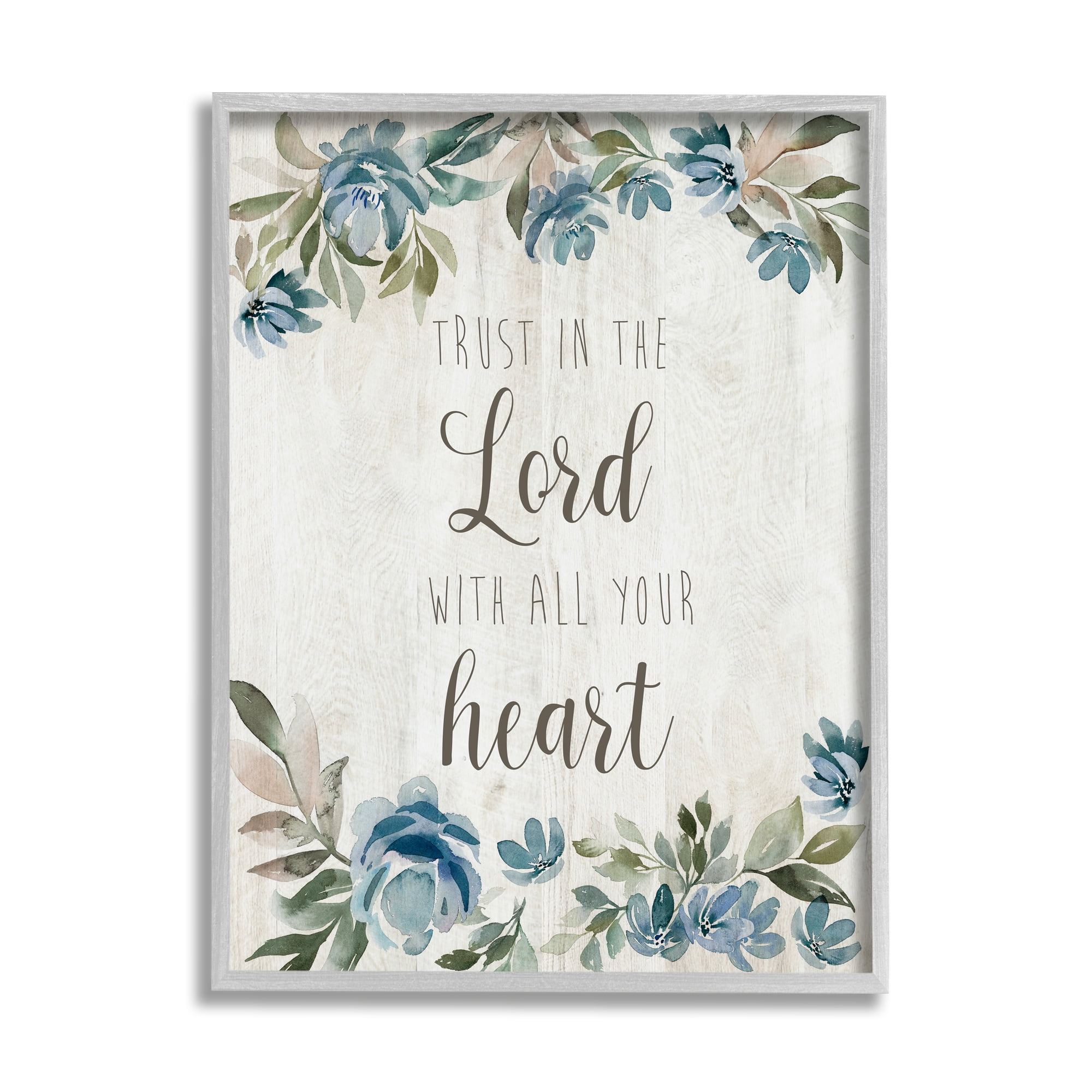 Trust the Lord with Heart Vintage Blue Florals Inspirational Graphic Art Framed Art Print Wall Art