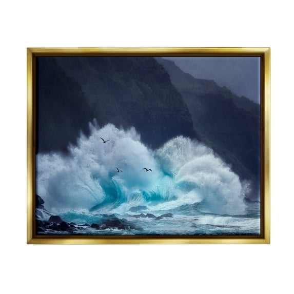 Stupell Industries Tsunami Waves Landscape Nature Photography Gold Floater Framed Art Print Wall Art, 31 x 25