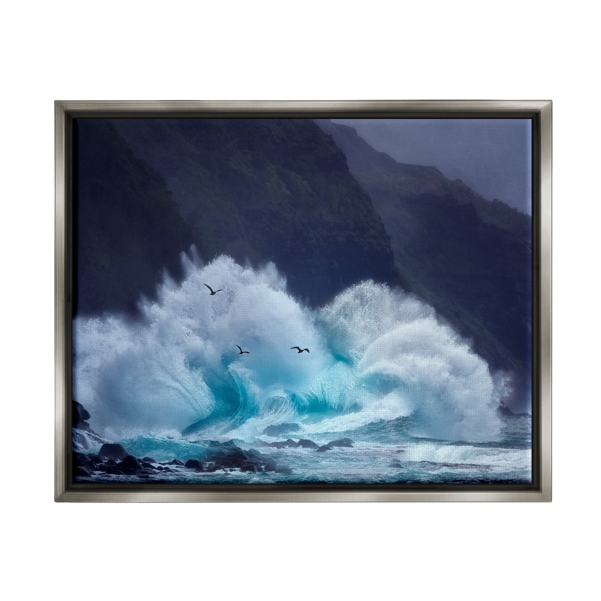 Stupell Industries Tsunami Waves Landscape Nature Photography Gray Floater Framed Art Print Wall Art, 21 x 17