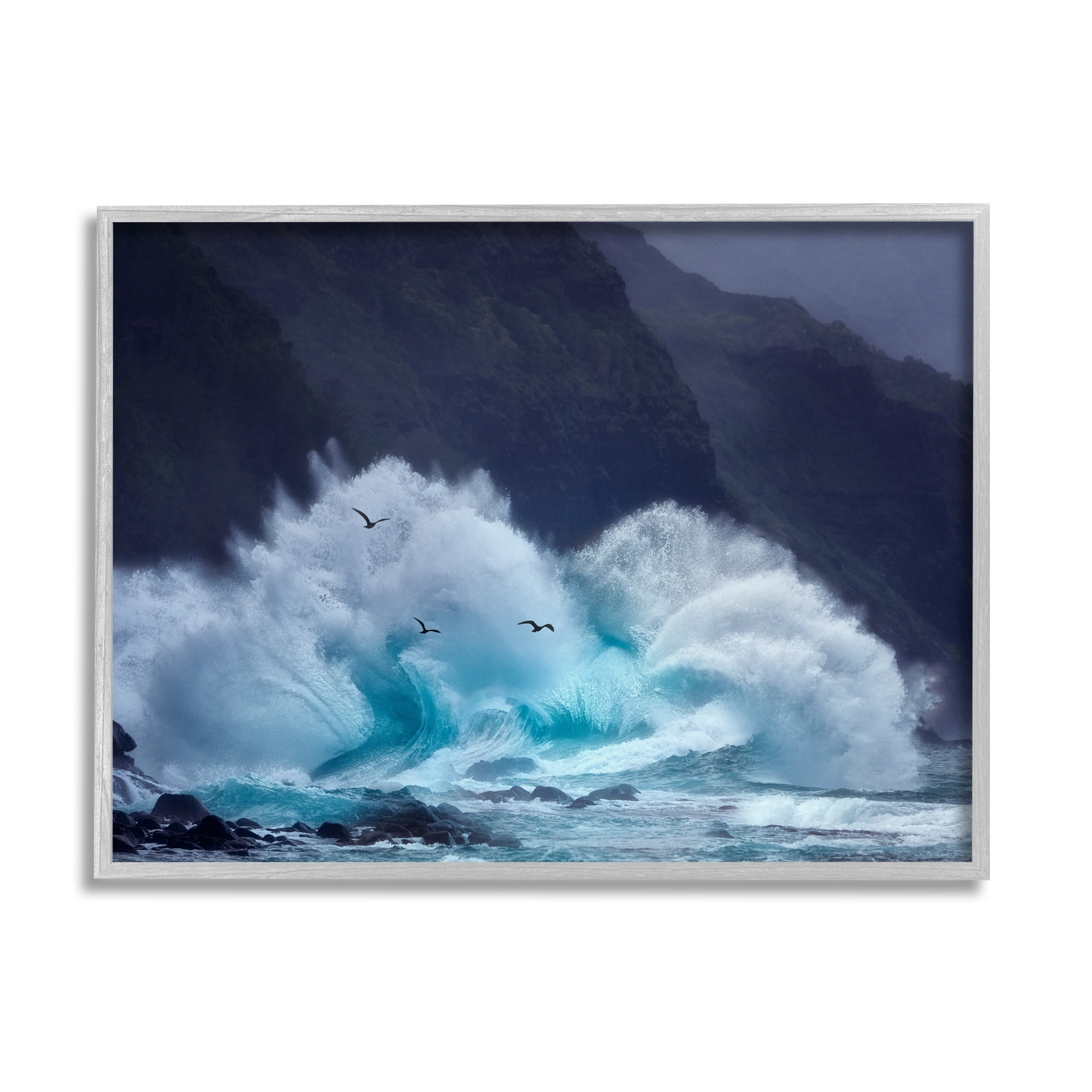 Stupell Industries Tsunami Waves Landscape Nature Photography Gray Framed Art Print Wall Art, 20 x 16