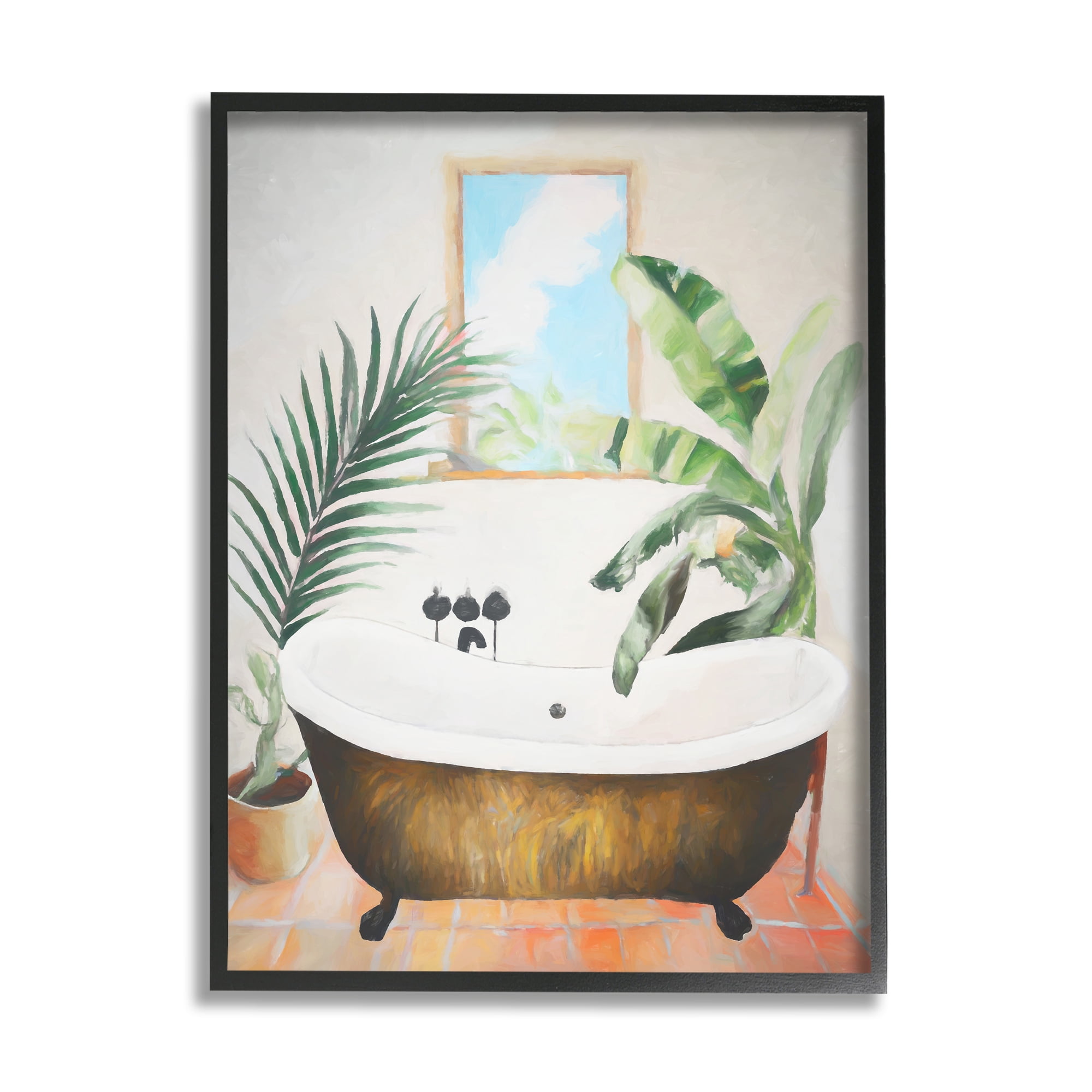 Stupell Industries Tub with Tropical Plants Botanical & Floral Painting Black Framed Art Print Wall Art, 24 x 30