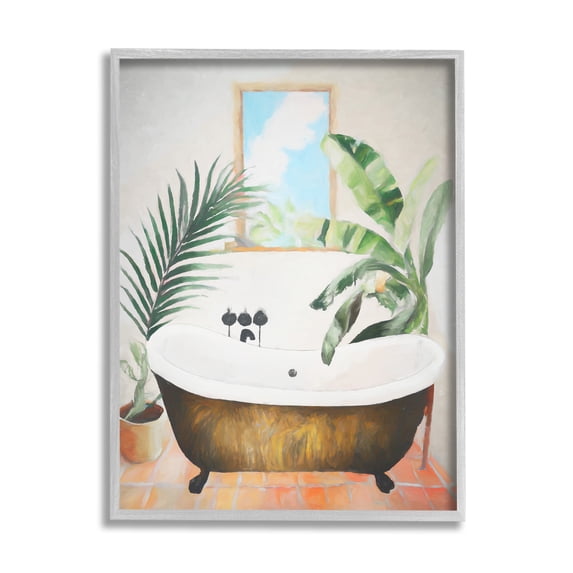 Stupell Industries Tub with Tropical Plants Botanical & Floral Painting Gray Framed Art Print Wall Art, 11 x 14