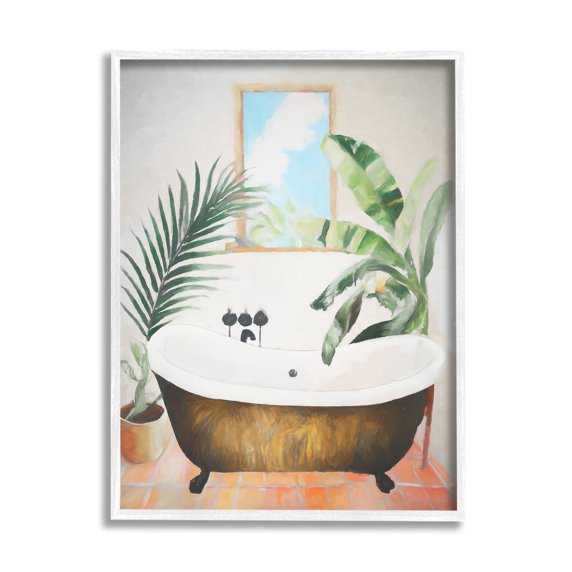 Stupell Industries Tub with Tropical Plants Botanical & Floral Painting White Framed Art Print Wall Art, 11 x 14