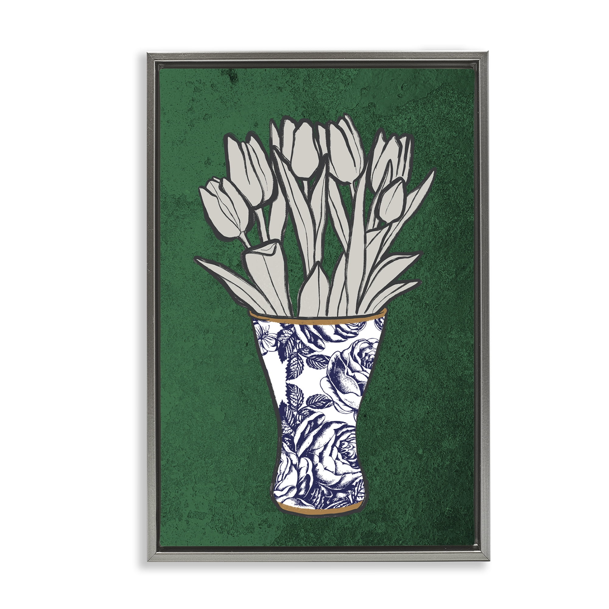 Stupell Industries Tulip Bouquet Vase Botanical & Floral Painting Gray Floater Framed Art Print Wall Art, 21 x 31