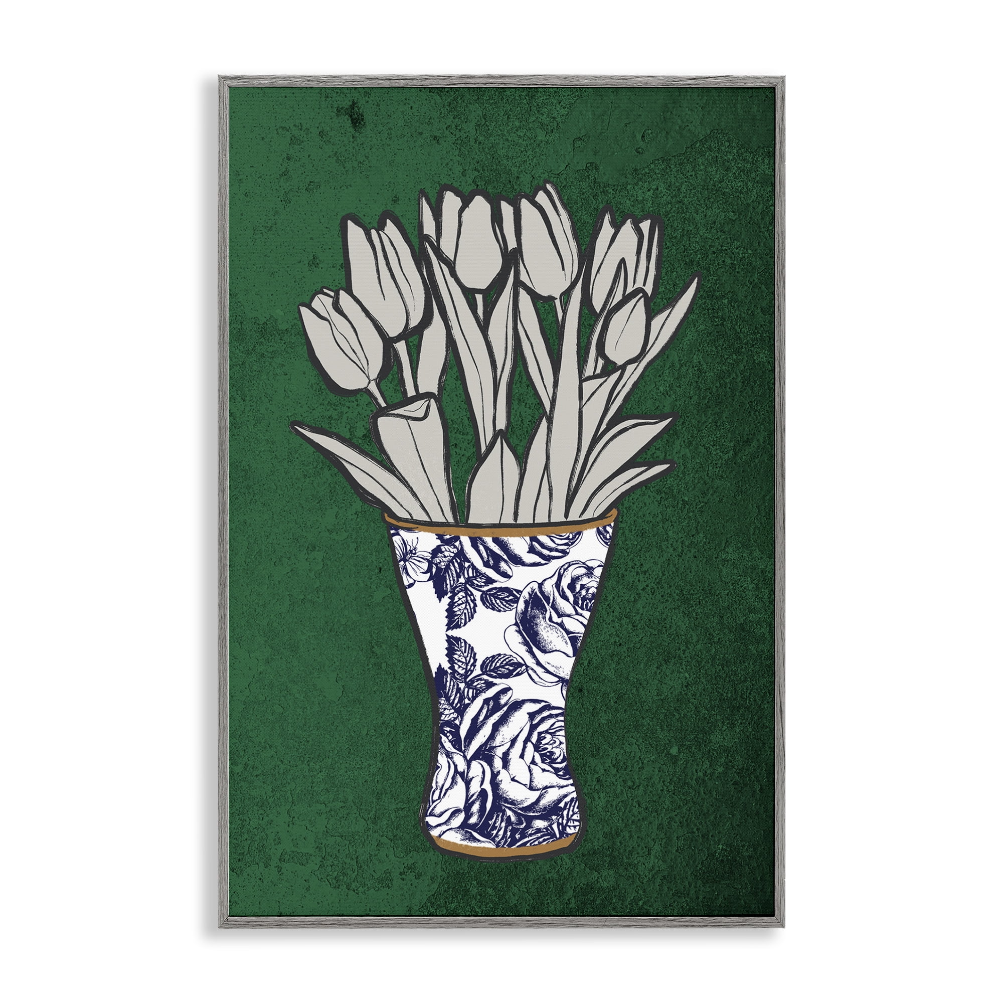Stupell Industries Tulip Bouquet Vase Botanical & Floral Painting Gray Framed Art Print Wall Art, 16 x 24
