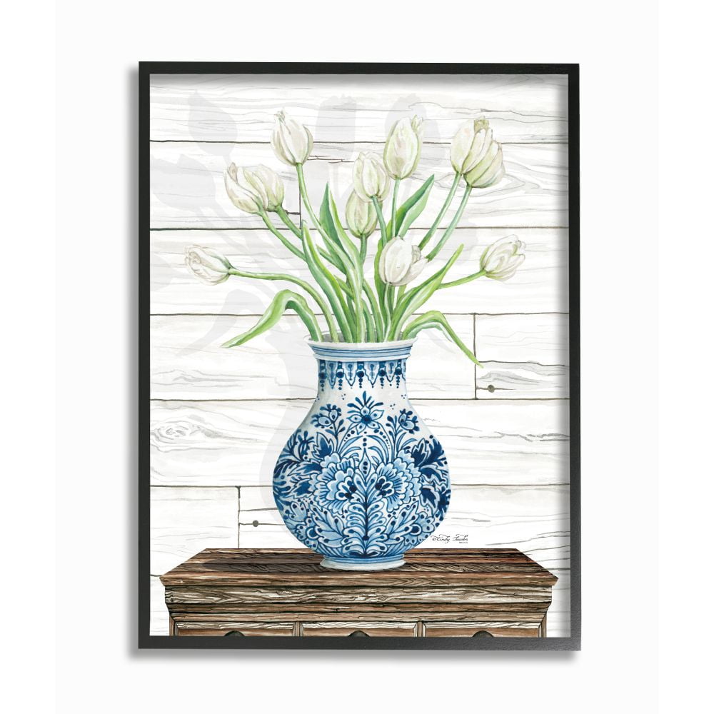 Stupell Industries Tulip Bouquet in Blue Ceramic Vase White Floral Design Framed Wall Art Design by Cindy Jacobs, 11" x 14", Black Framed
