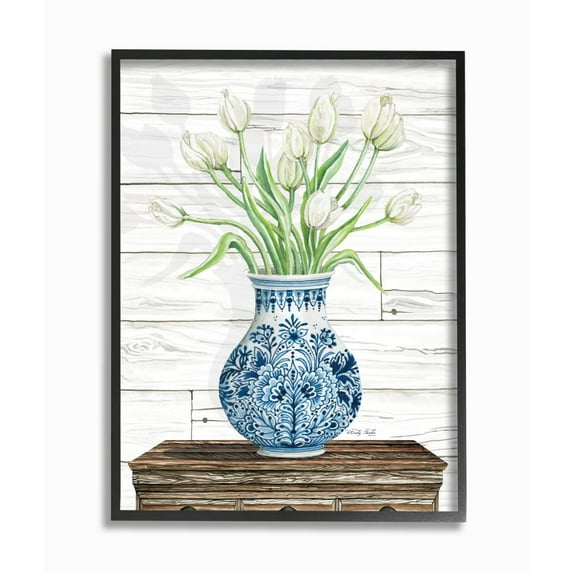 Stupell Industries Tulip Bouquet in Blue Ceramic Vase White Floral Design Framed Wall Art Design by Cindy Jacobs, 16" x 20", Black Framed