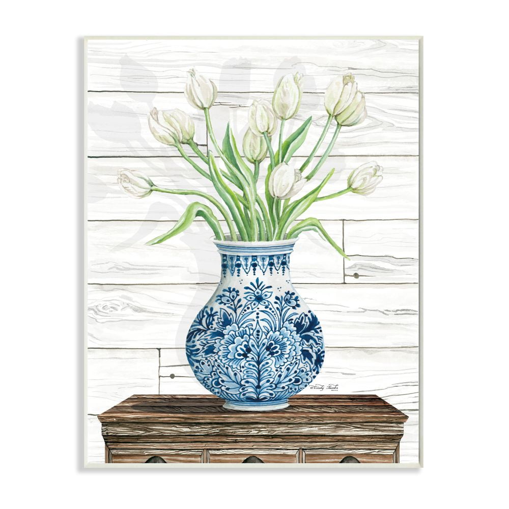 Stupell Industries Tulip Bouquet in Blue Ceramic Vase White Floral Design Wall Plaque Design by Cindy Jacobs