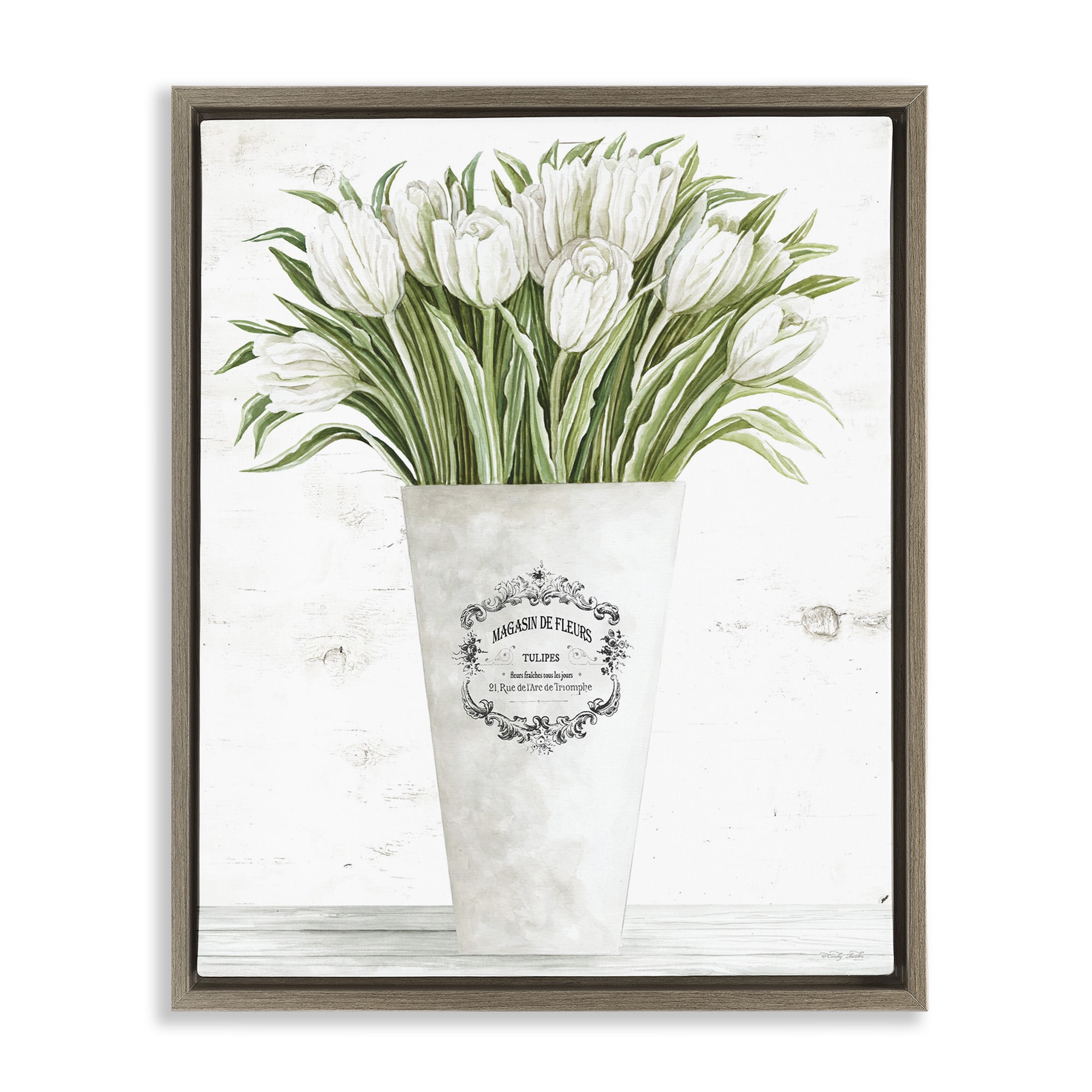 Stupell Industries Tulip Bouquet in Parisian Vase Botanical & Floral Painting Brown Floater Framed Canvas Art Print Wall Art, 17 x 21